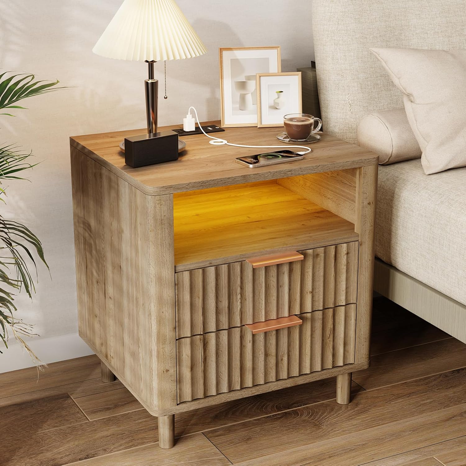 Fluted Nightstand with Charging Station, 2 Drawers Oak - Image 6