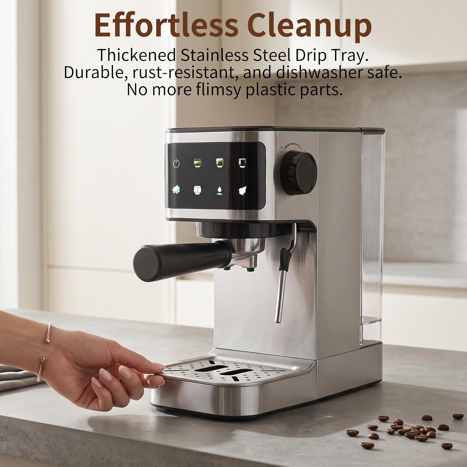 Espresso Machine 20 Bar, 1350W Instant Heating Coffee Maker with Stainless Steel Steam Wand & Touch Color Display, 6-in-1, 1.3L Removable Tank, Compact Stainless Steel - Image 3