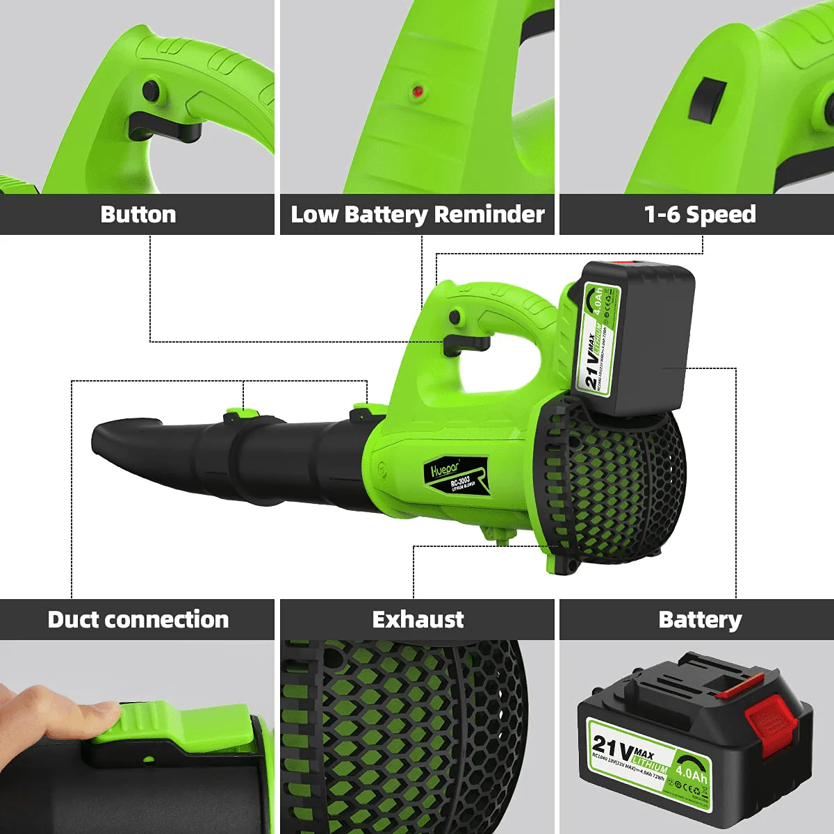 Huepar 21V Cordless Leaf Blower, 135MPH 321CFM 6 Speed Electric Blower for Garden, Yard and Lawn Cleaning & Snow Blowing with 4.0Ah Li-ion Battery RC3003 - Image 7