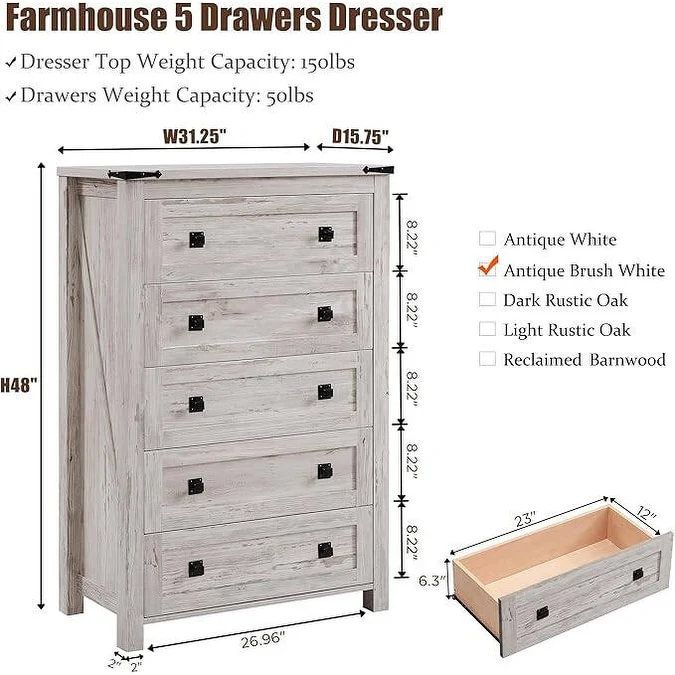 48 Inch Tall Farmhouse Wood Dresser, 5 Drawer Chest of Drawers for Bedroom - Image 17