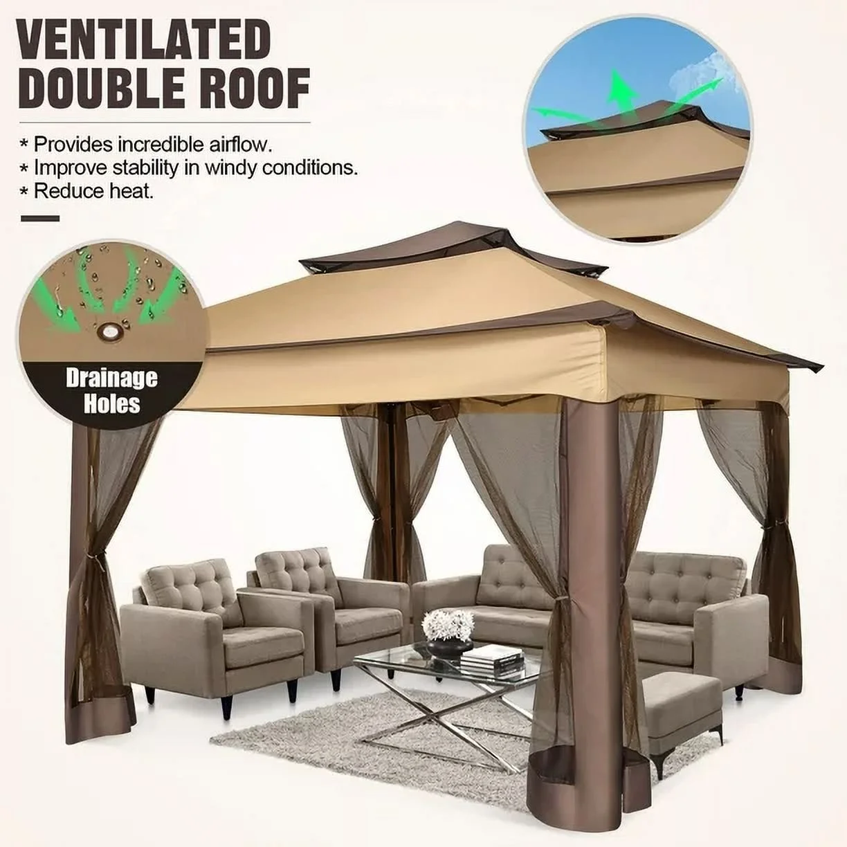 COBIZI 11x11 Pop up Gazebo Outdoor Canopy Gazebo Patio Gazebo with Mosquito Netting Canopy Shelter with 121 Square feet of Shade for Poolside, Garden, Party and Backyard, Khaki - Image 31