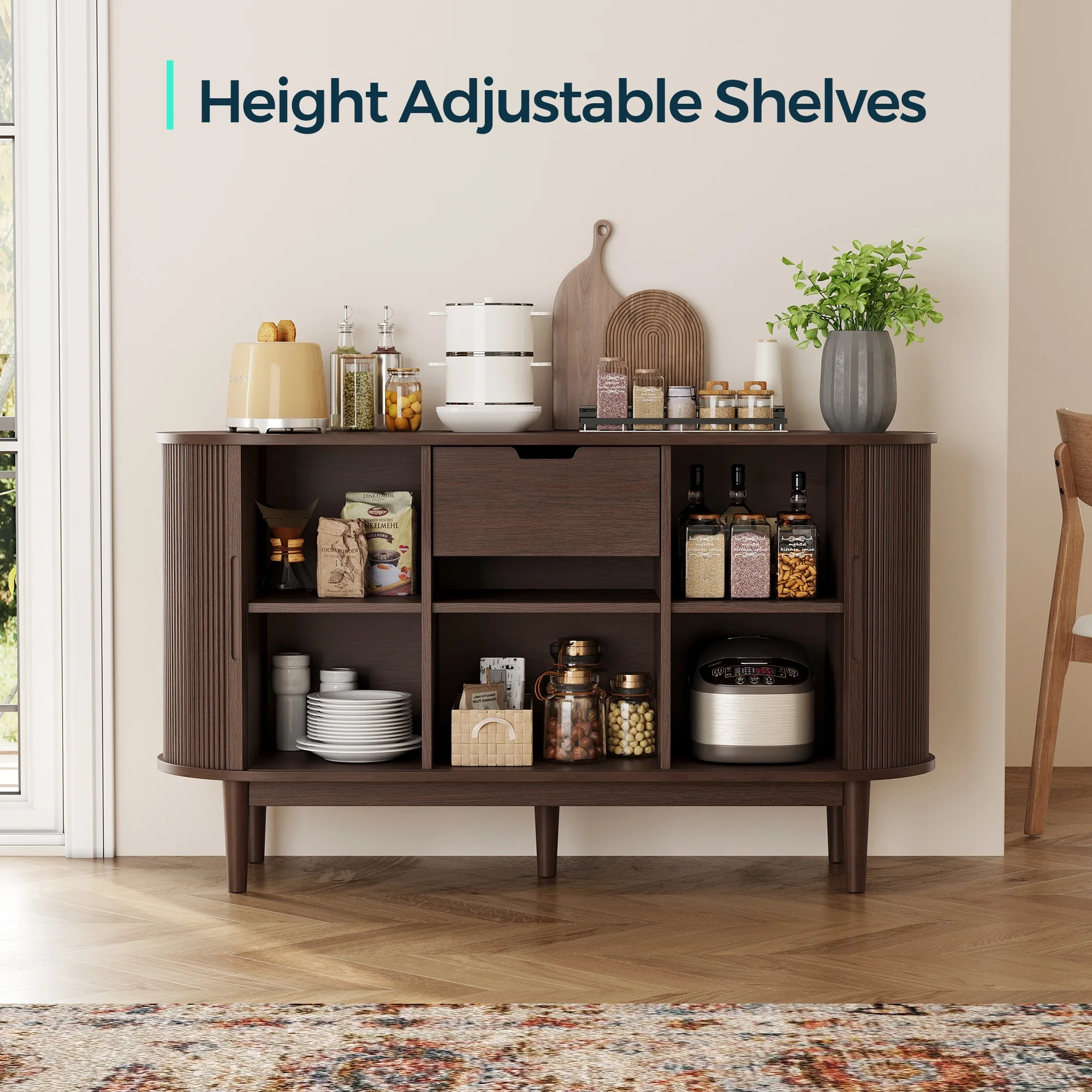 LINSY HOME Fluted Pantry Storage Cabinet, Kitchen Cabinets with Sliding Tambour Door, Wide Storage Cabinet with Removable & Adjustable Shelves for Dining Room, Living Room, Bathroom, Oak - Image 17