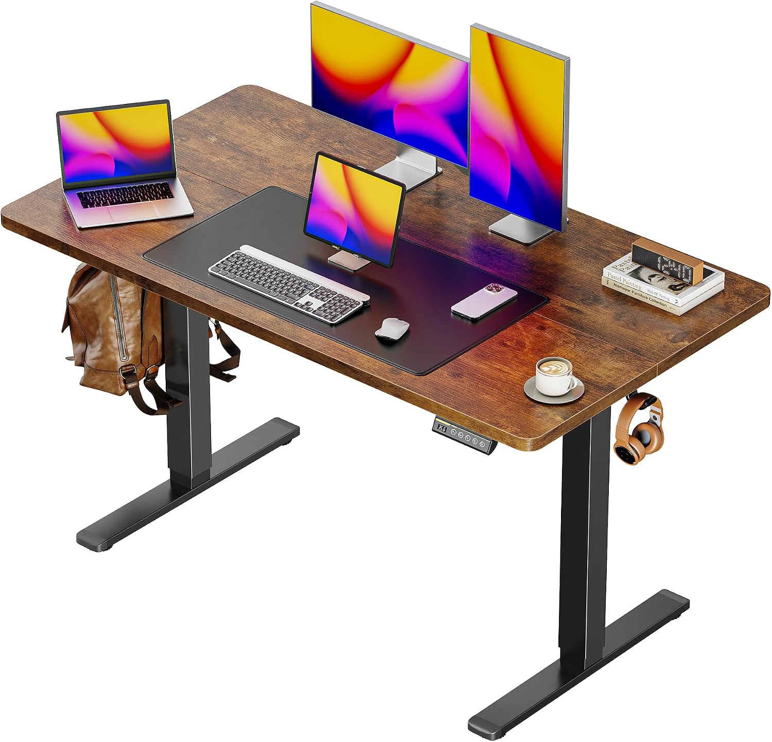 55 x 28 Large Electric Standing Desk, Height Adjustable Computer Desk, 27.6" Deep Desktop, Stand up Gaming Office Desk with 2 Hooks, 3 Preset Heights, for Home Office, Rustic Brown - Image 17