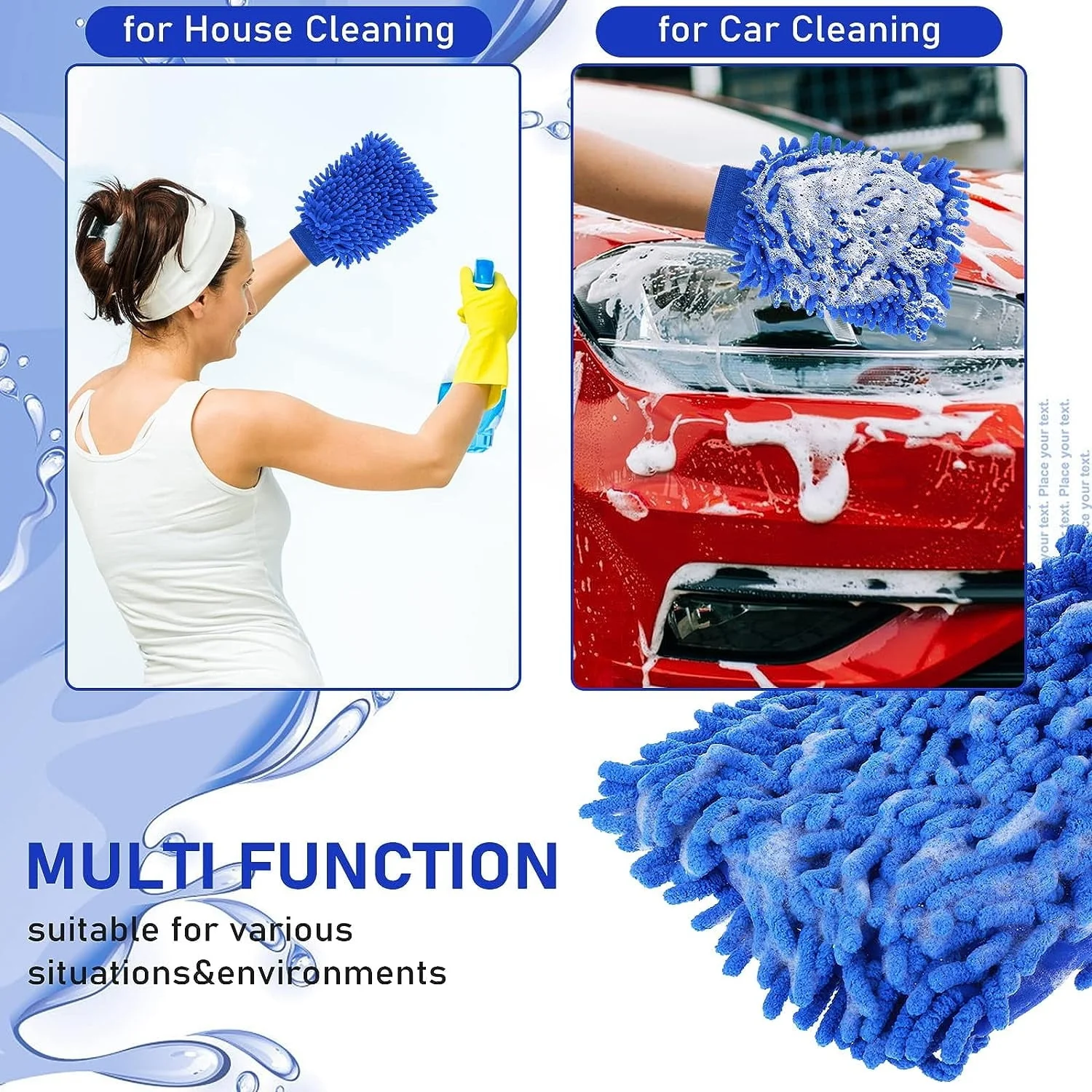2 PCS Wash Cloths Car Cleaning Supplies Microfiber Towels Brush Wheel Detailing Kit Care Mitt Long Handle Sponge Interior Cleaner Drying Scratch Guard Shampoo Washing Wipes Weave Towel (blue) - Image 4