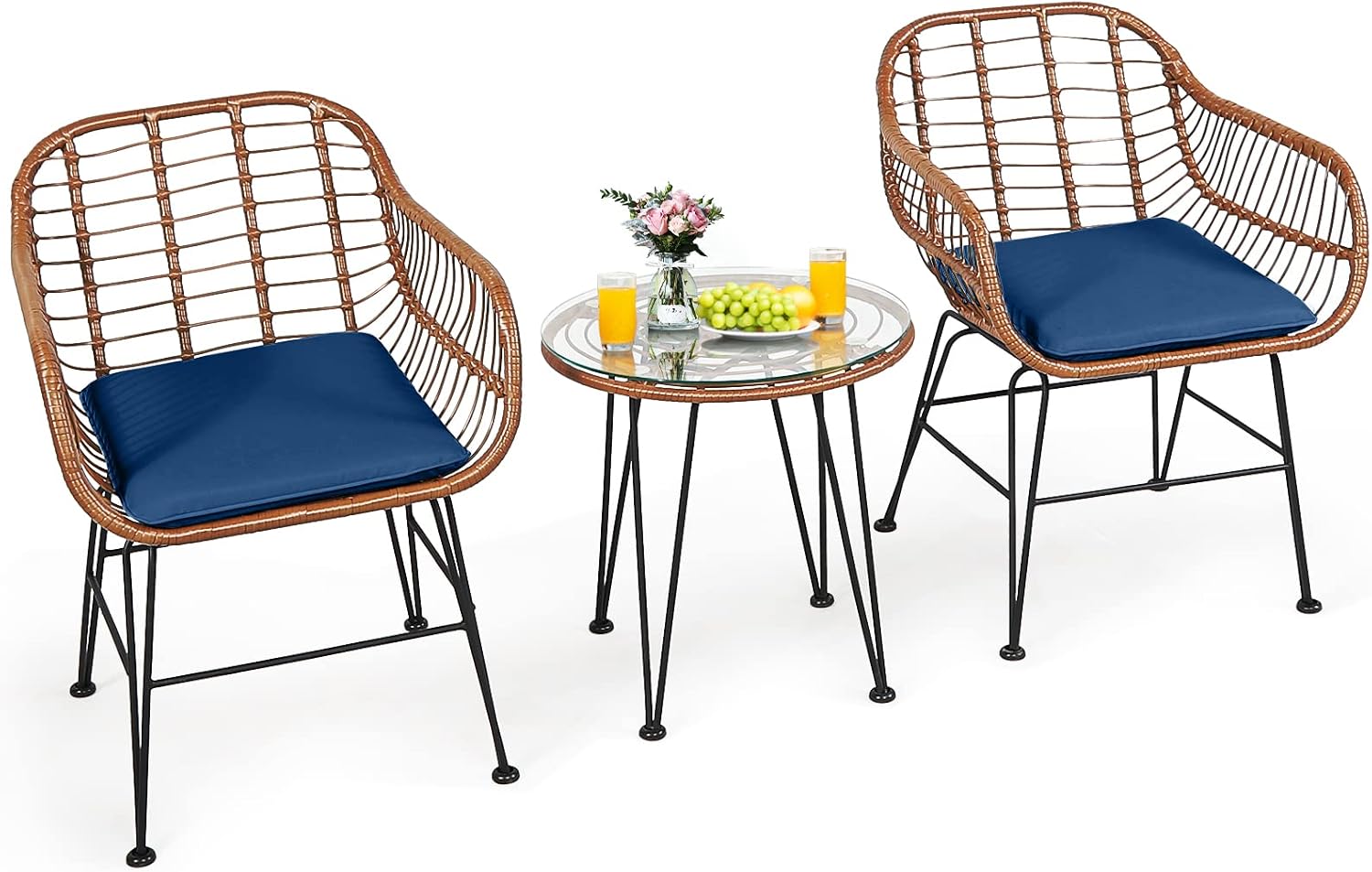 3 Pieces Patio Bistro Set, Rattan Conversation Set with 2 Cushioned Armchairs & Round Glass Coffee Table, Indoor Outdoor Wicker Furniture Set for Balcony, Backyard, Garden, Poolside - Image 10