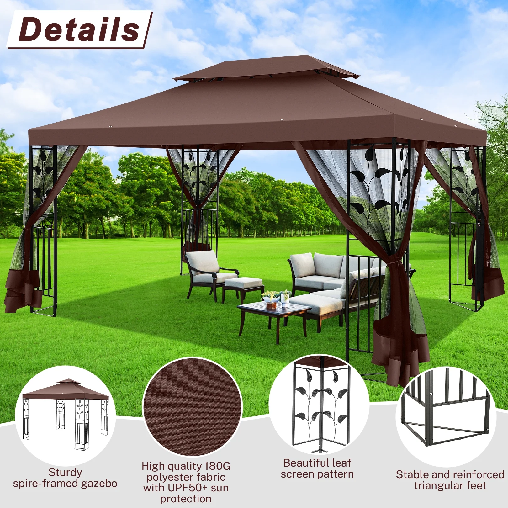 SANOPY 10'x13.3' Metal Patio Gazebo, Outdoor Gazebo Canopy Tent for Backyard with Mesh Curtains, Gazebos Shelter with Display Shelves, Steel Frame, Patio Covers for Tailgate - Image 7