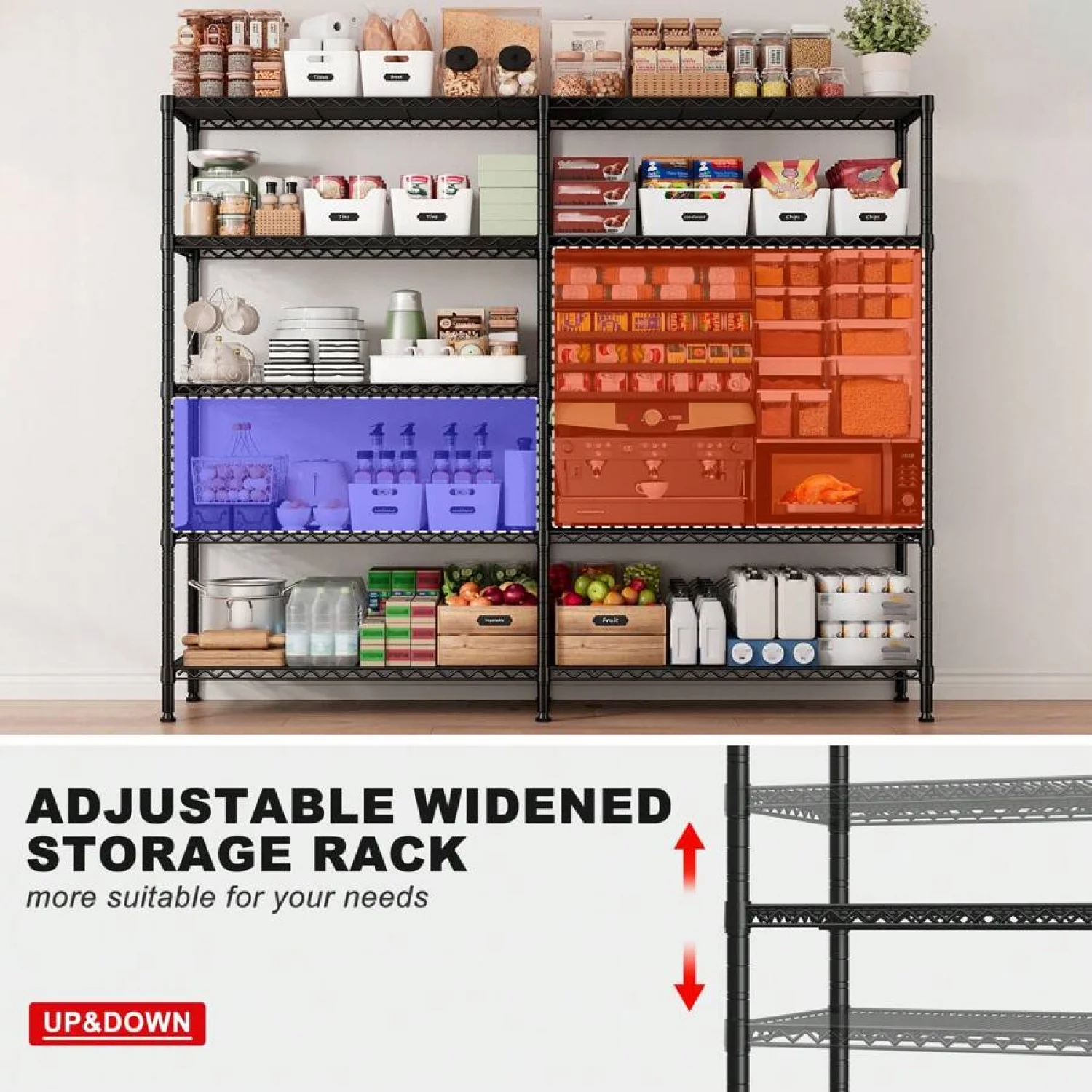 NTGFU 1500 LBS Storage Shelves, 61.7"W Wire Shelving Unit, 5 Tier Metal Shelving for Storage, Rack Shelves for Storage, Heavy Duty Garage Shelf, Pantry Shelves, Kitchen Shelving - Image 5