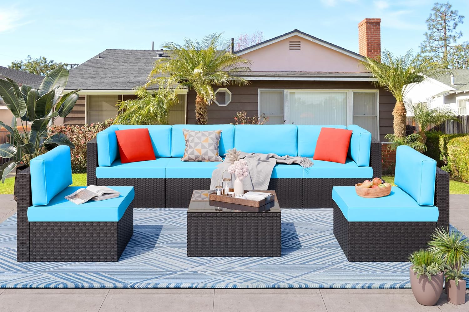 5-Piece All-Weather Patio Furniture Set with Ottoman, Outdoor Wicker Conversation Sofa Set with Cushions for Garden, Deck & Backyard - Image 14