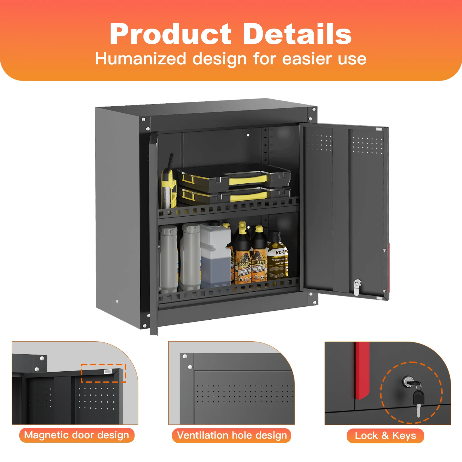 Garage Wall Cabinet, Metal Wall Cabinet with Lockable Doors, 26" Tall Wall Cabinet with Adjustable Shelf,Garage Storage Cabinets Shelf with Anti-fall Rails for Garage, Storage Room - Image 7