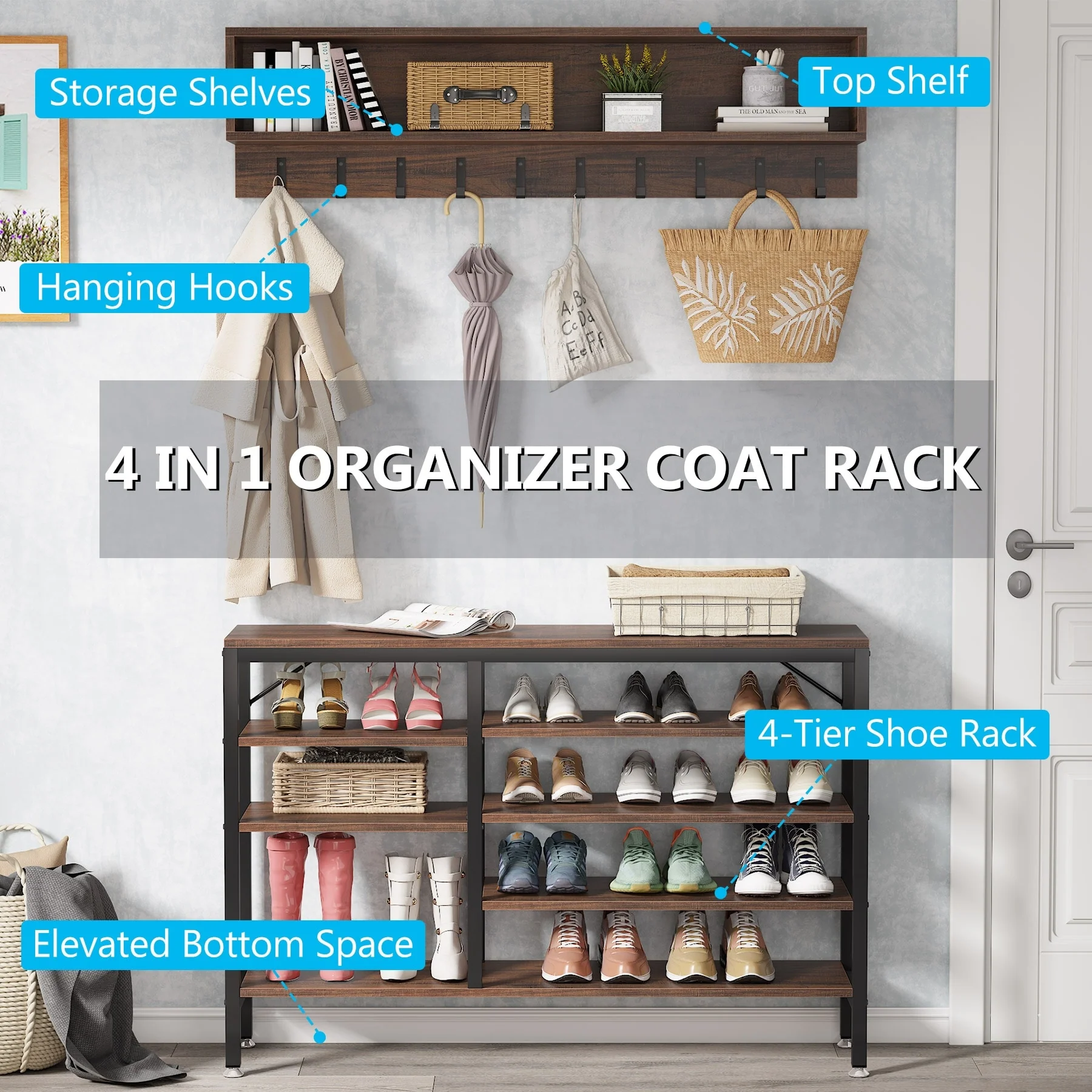 Entryway Coat Rack and Shoe Bench Set, Industrial Hall Tree with Coat and Shoe Storage - Image 32