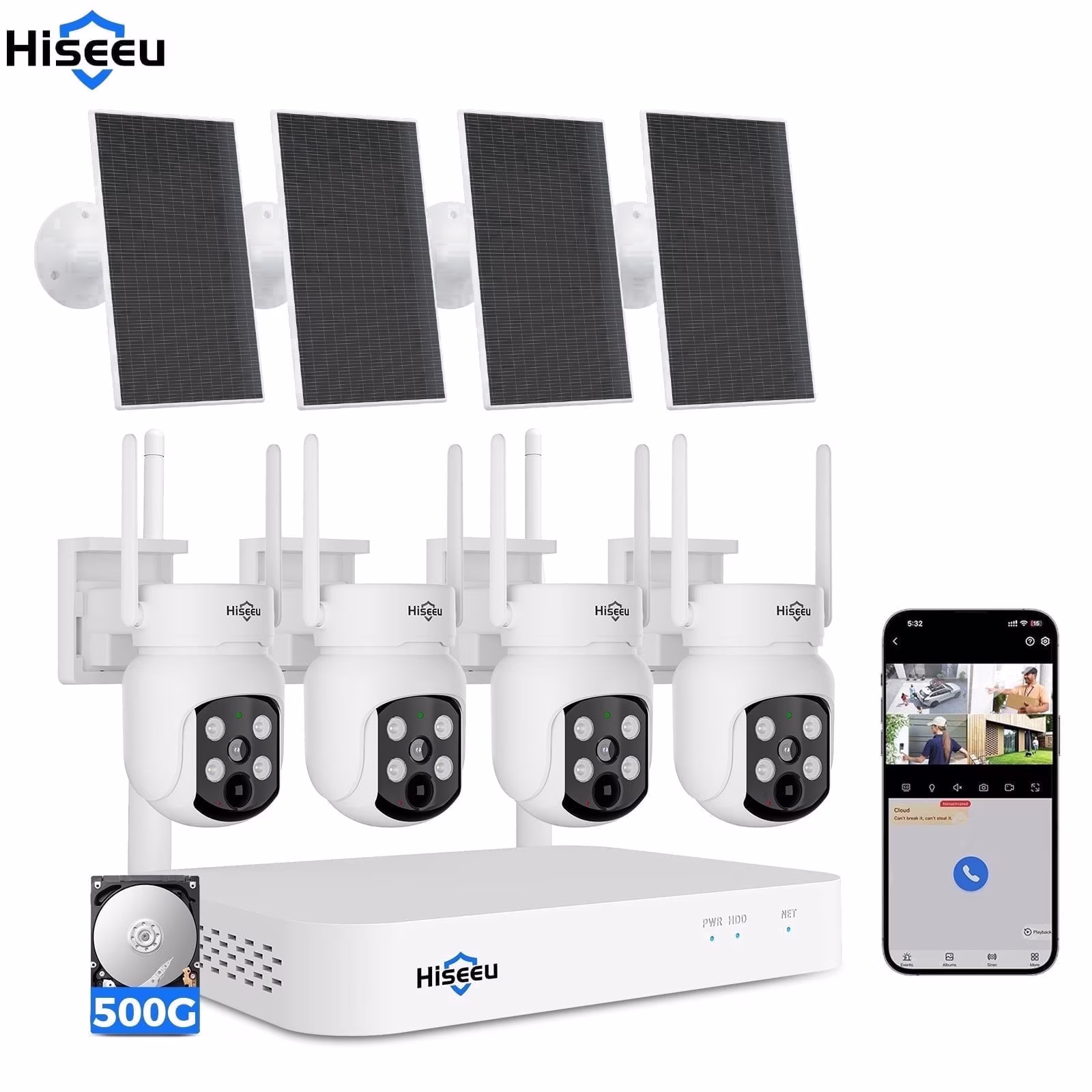 Hiseeu Outdoor Wireless Solar Security Camera System, 4-Camera Home WiFi Surveillance Kit with 10CH NVR, 500G HDD, 2K 4MP 360° View, Color Night Vision, PIR Human Detect, 2-Way Audio, IP66 - Image 4