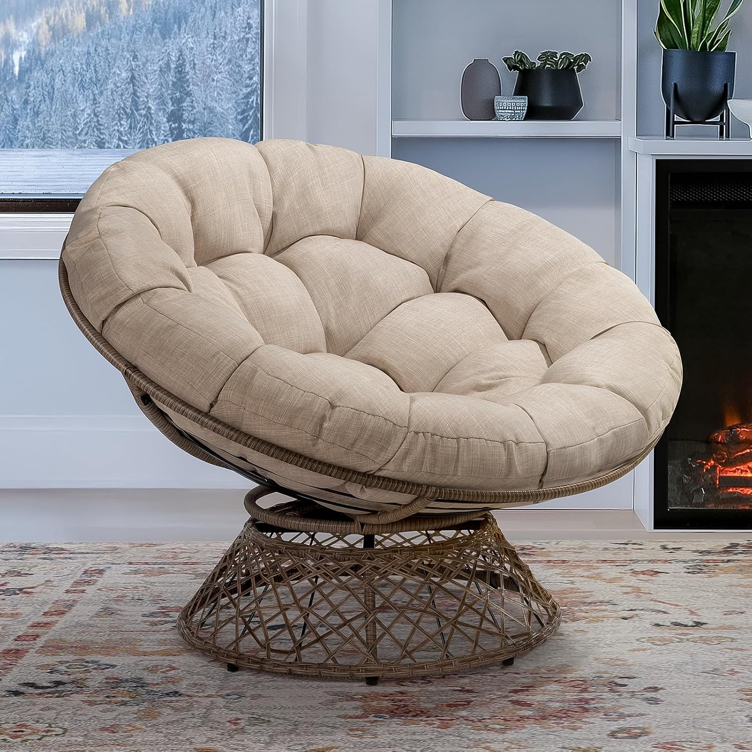 40" Wicker Papasan Chair, 360° Swivel, Arctic Snow, Brown Base - Image 5