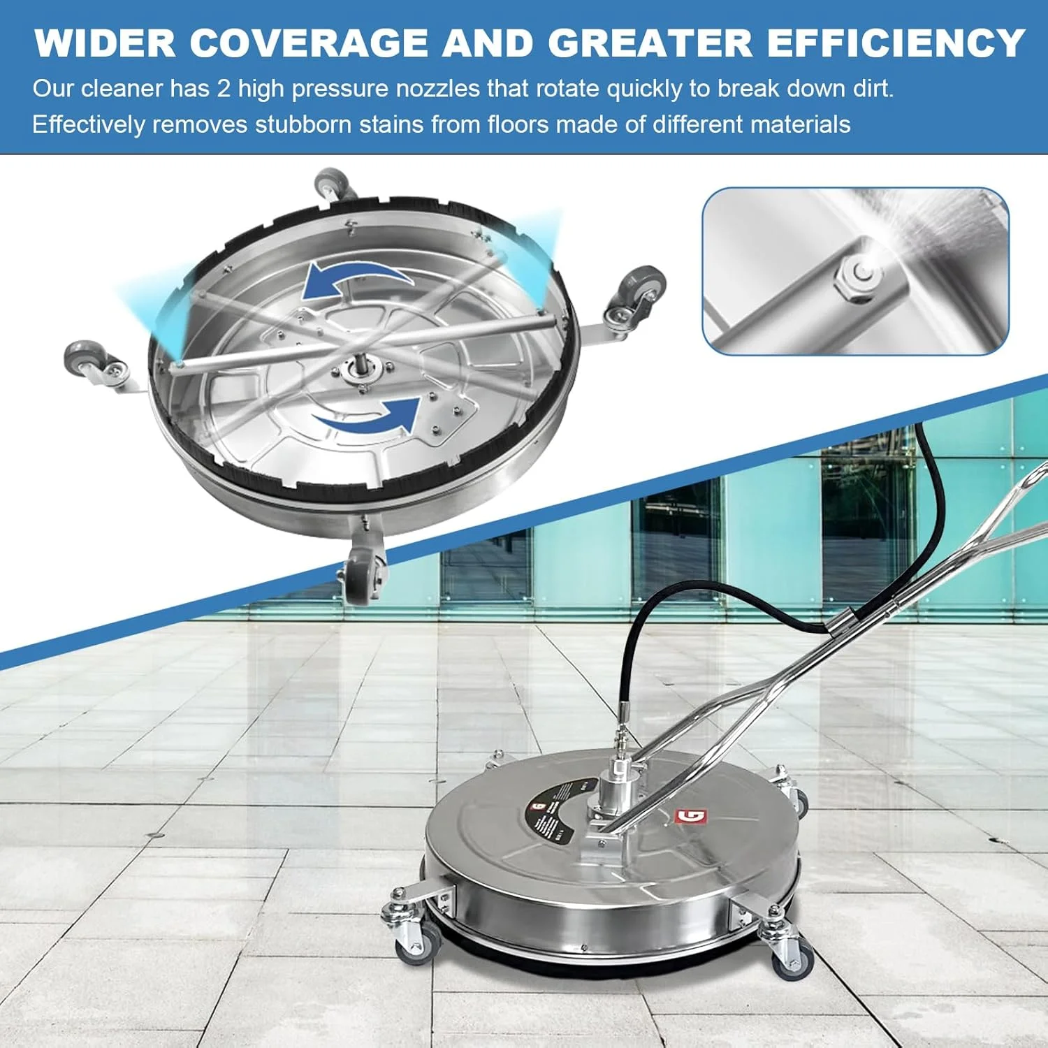 Garvee 24" Pressure Washer Surface Cleaner with Dual Handles -C Stainless Steel, 4-Wheel Design for Driveways, Sidewalks, Curbs, Decks, & Patios -C 4900 PSI, High-Efficiency Cleaning Accessory - Image 9
