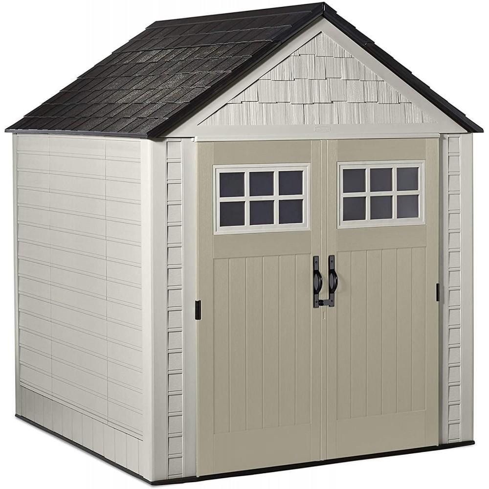7 7 Ft Durable Weather Resistant Resin Outdoor Garden Storage Shed with Windows and Utility Hooks, Sand - Image 2