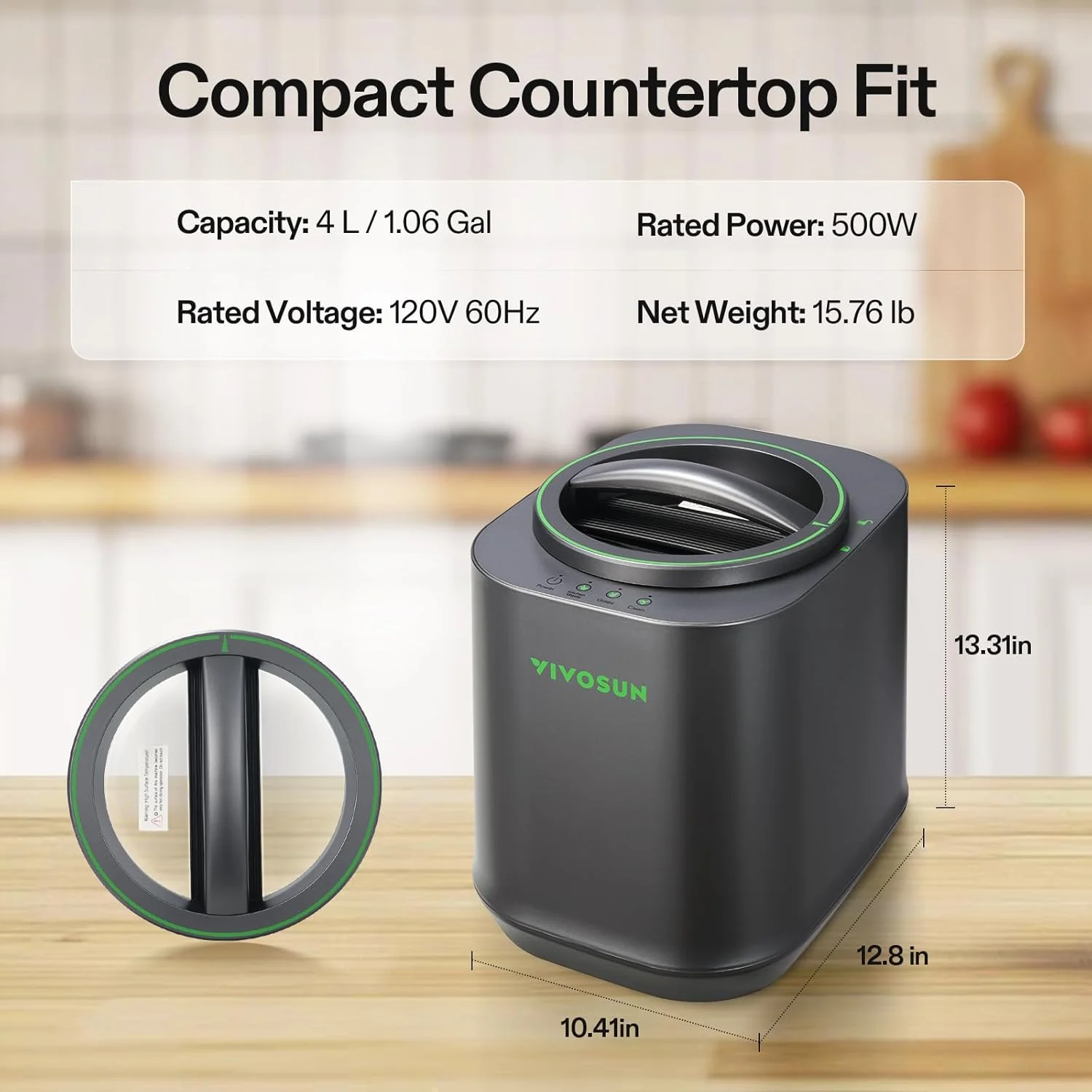 VIVOSUN 4L Electric Composter for Kitchen Indoor, Smart Compost Machine for Countertop, Odorless/Auto-Cleaning/3 Modes/Intelligent LED Display, Mill Composter Kitchen Bin Food Recycler, Black - Image 5