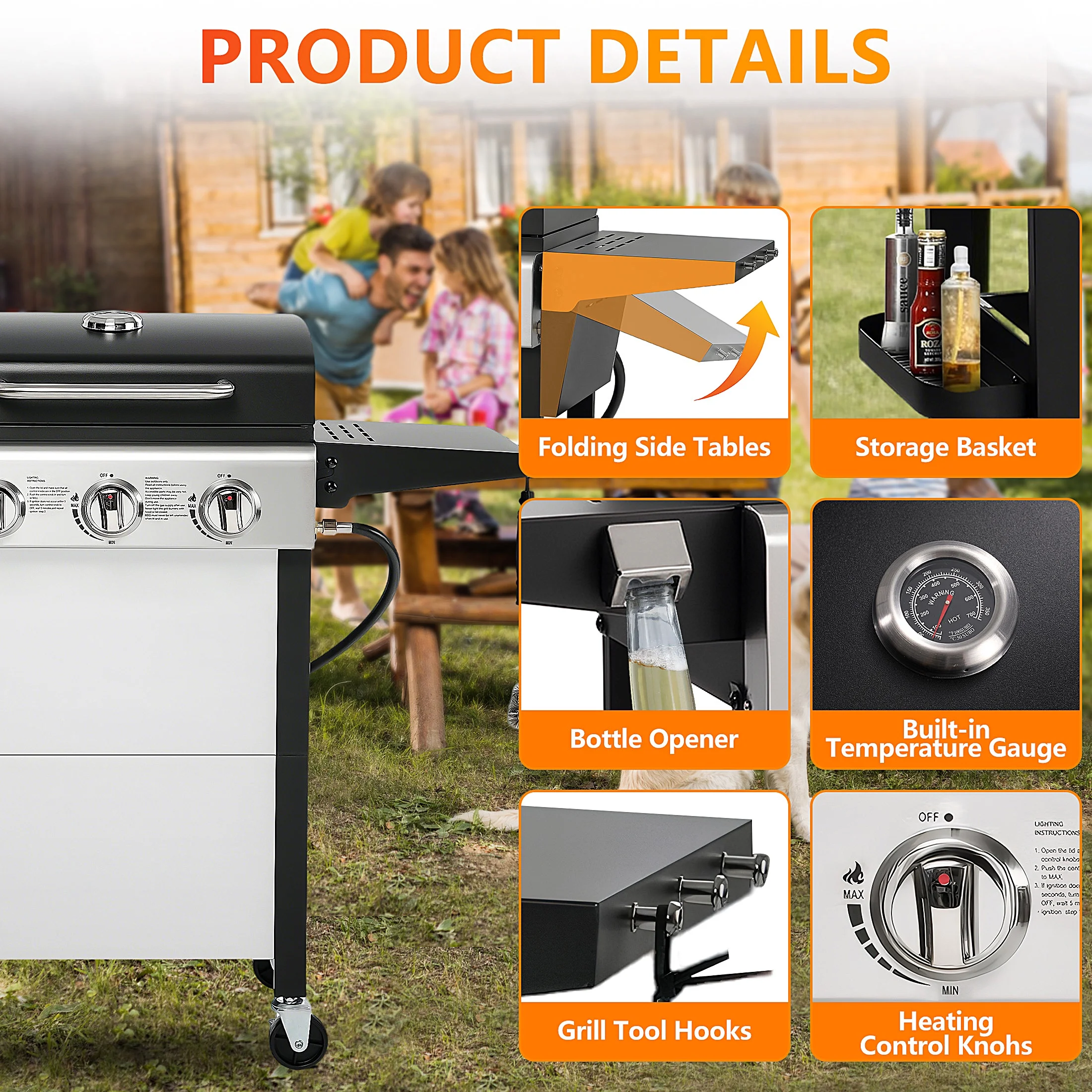 Segmart 3 Burner BBQ Propane Gas Grill, Stainless Steel 30,000 BTU Patio Garden Barbecue Grill with Folding Side Tables, Hanging Basket & Thermometer, Perfect for Camping, Outdoor Cooking - Image 10