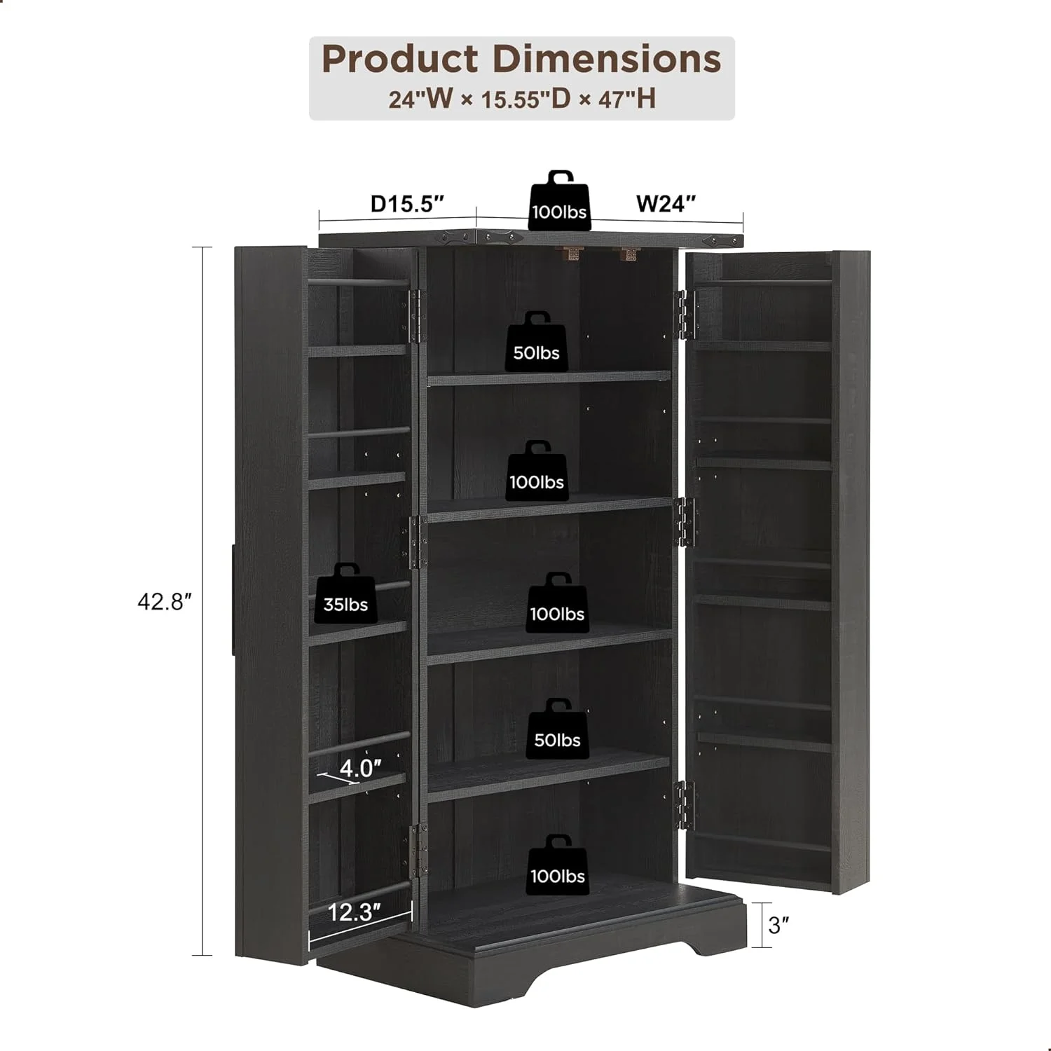 47" Kitchen Pantry, Farmhouse Storage Cabinet with Barn Doors, Organizer and Adjustable Shelves, Rustic Wood Cupboard for Kitchen, Dining Room, Bathroom and Hallway, Black - Image 2