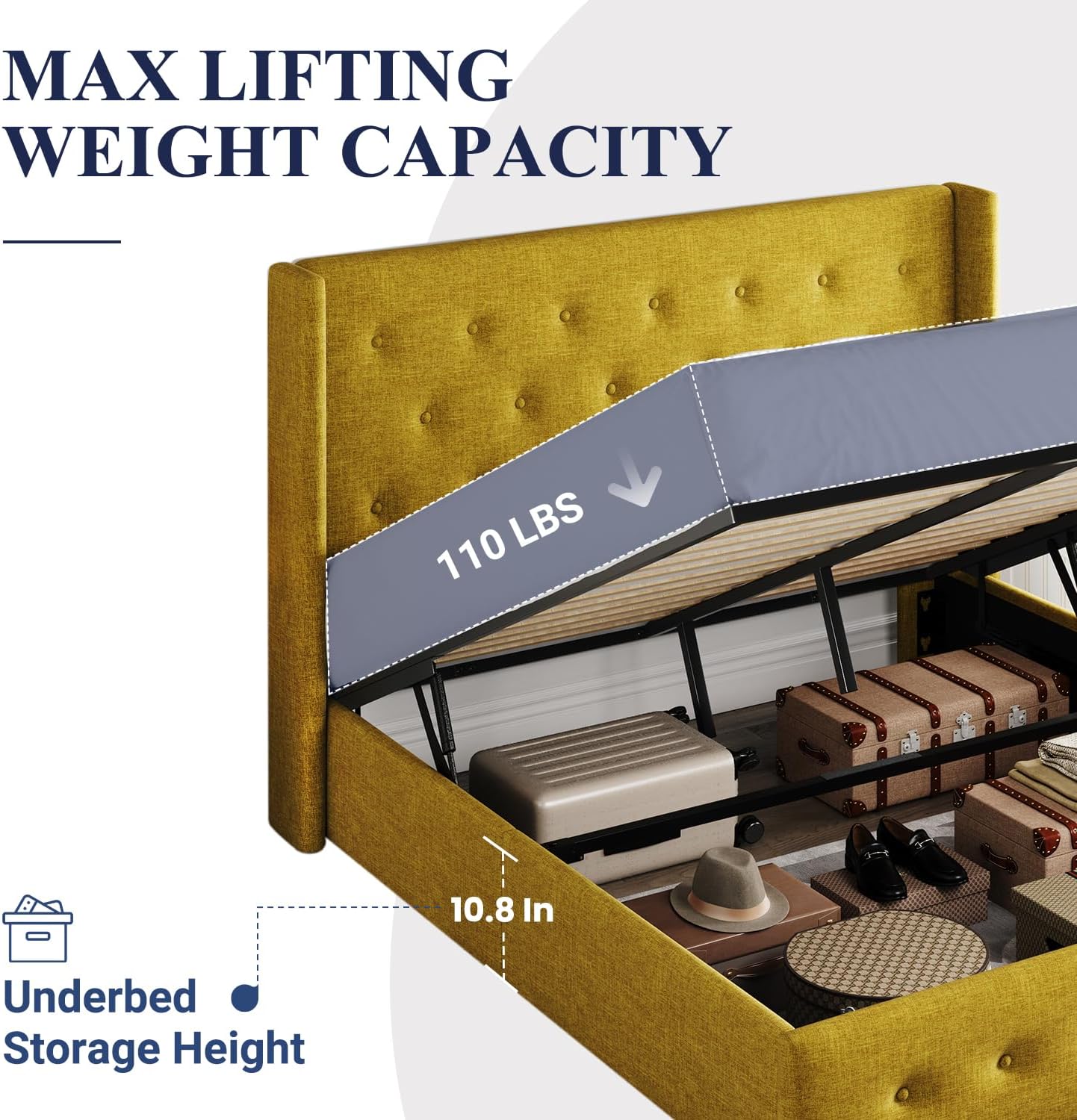 Queen Size Lift Up Storage Bed with Wingback Headboard, Upholstered Platform Bed Frame with Hidden Storage - Image 88
