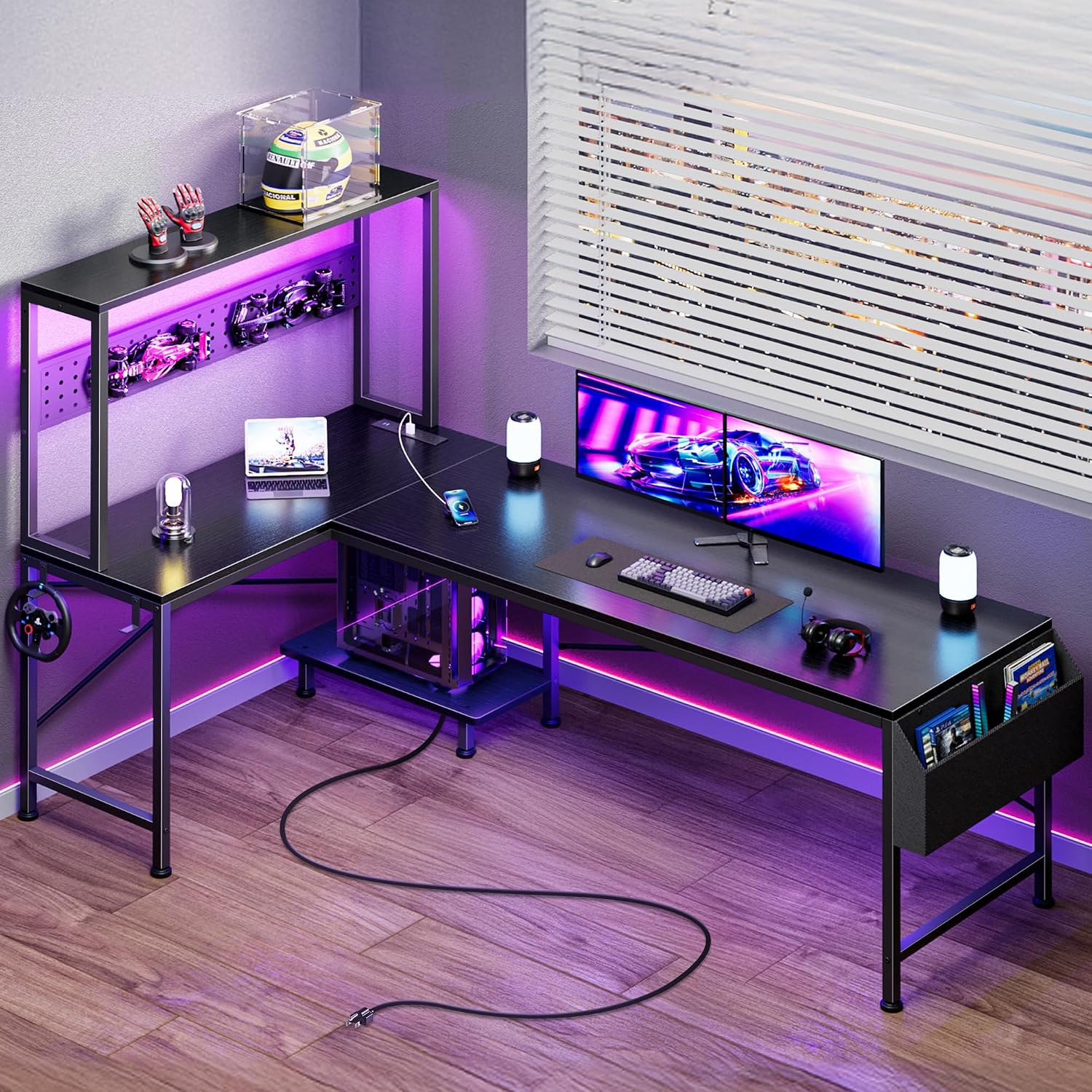 L Shaped Gaming Desk with LED Lights & Power Outlets - Image 3