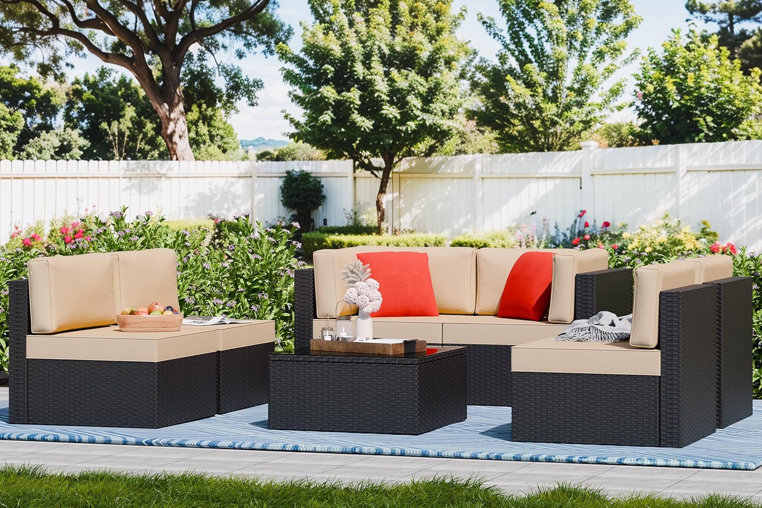 5-Piece All-Weather Patio Furniture Set with Ottoman, Outdoor Wicker Conversation Sofa Set with Cushions for Garden, Deck & Backyard - Image 36