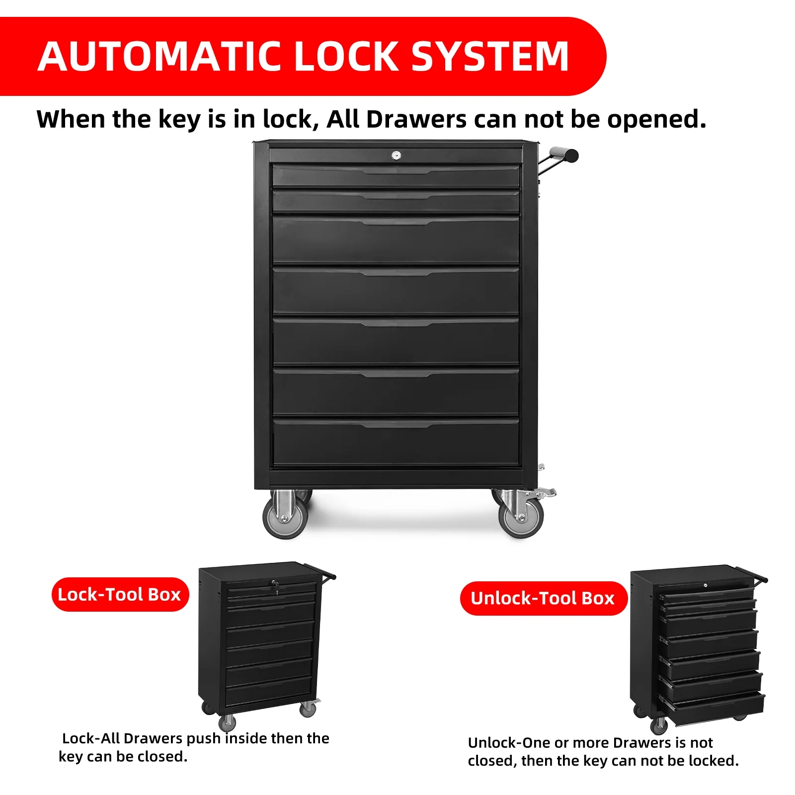 7-Drawer Rolling Tool Chest Cabinet, Large Capacity Metal Tool Box with Wheels and Cylinder Locking, Roll Around Storage Organizer Tool Cart for Garage, Warehouse, Work Shop - Black - Image 5