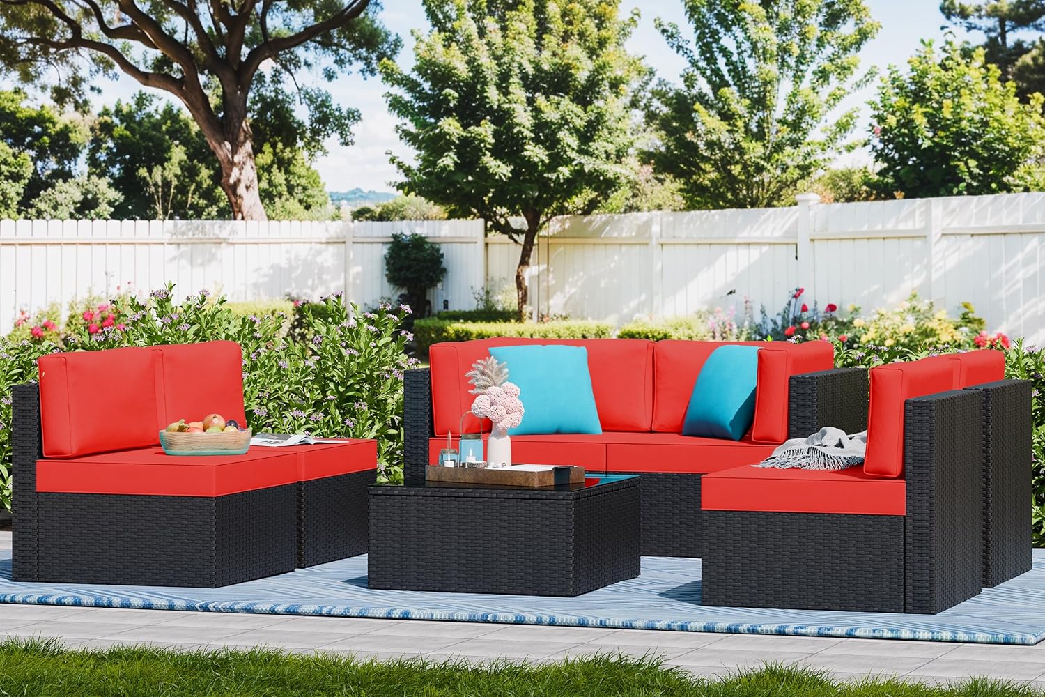 5-Piece All-Weather Patio Furniture Set with Ottoman, Outdoor Wicker Conversation Sofa Set with Cushions for Garden, Deck & Backyard - Image 55