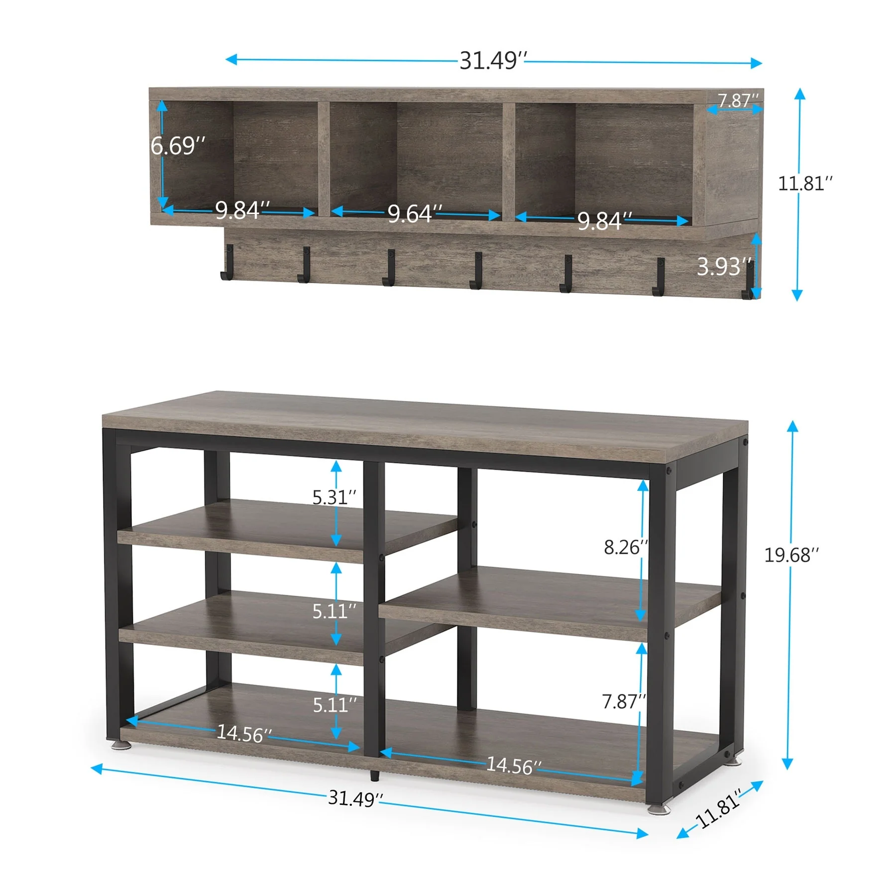 Entryway Coat Rack and Shoe Bench Set, Industrial Hall Tree with Coat and Shoe Storage - Image 29