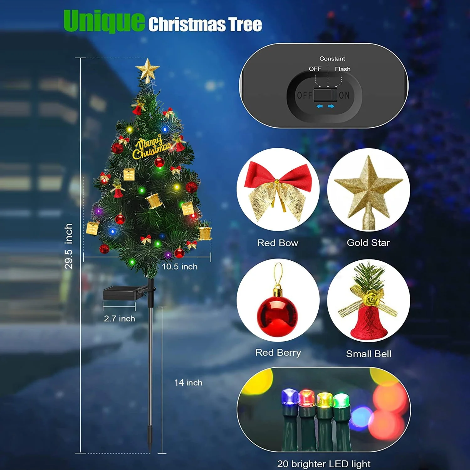 2 Pack Mini Christmas Tree with Lights Ornaments, 20LED-Lights Solar Powered Garden Stake Lights Xmas Tree - Image 4