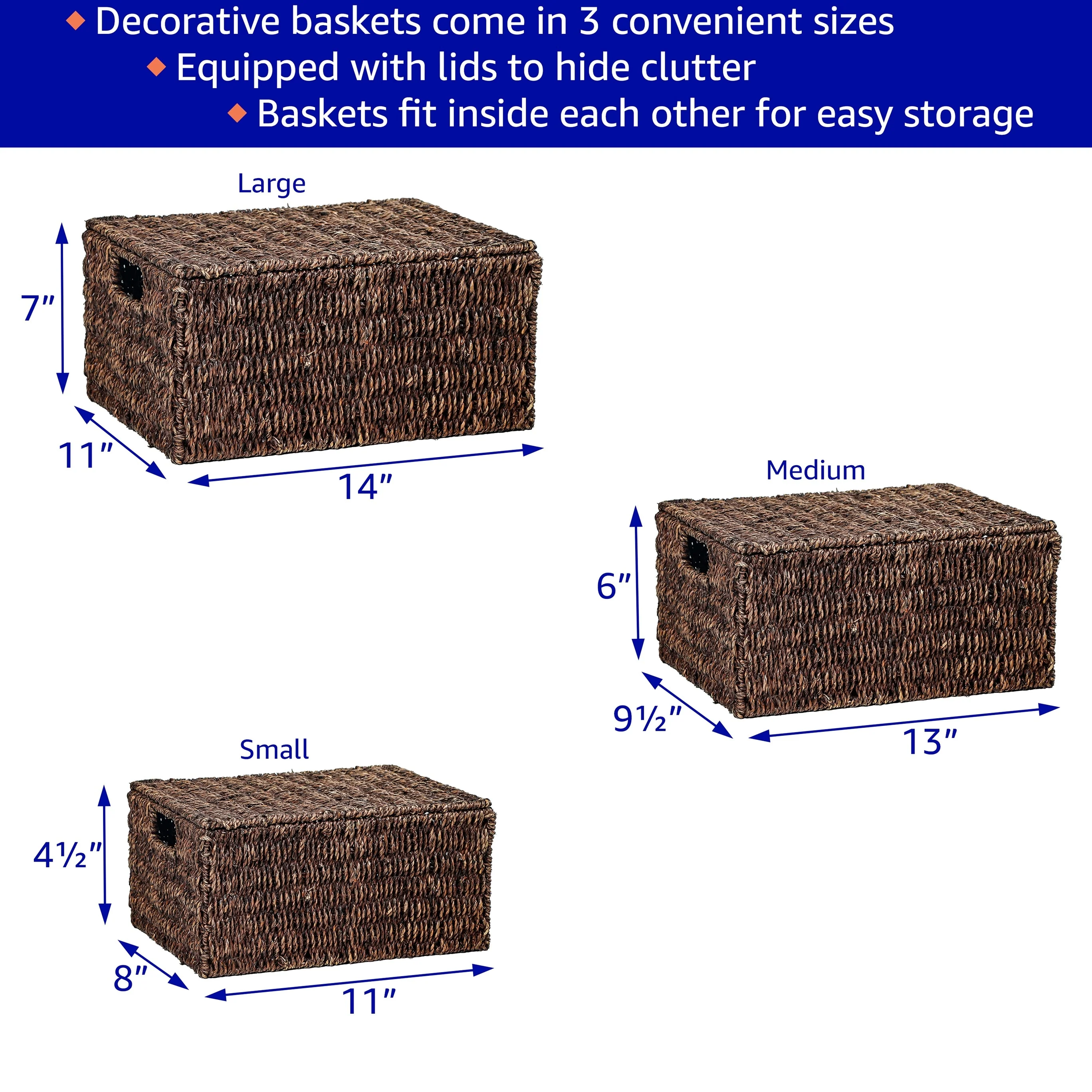 Set of 3 Small Rectangular Seagrass Baskets with Lids, Woven Storage Baskets - Image 5