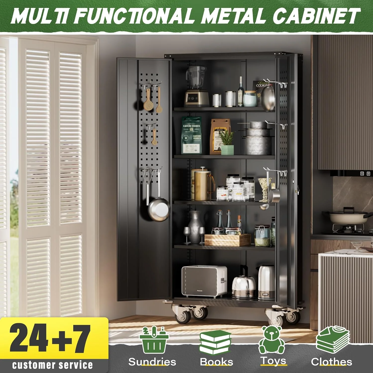 SOLAURA Metal Storage Cabinet with Wheels and Pegboard, 72" Black Garage Rolling Cabinet with 4 Adjustable Shelves, Lockable Tool Storage Cabinets for Home Office - Image 4