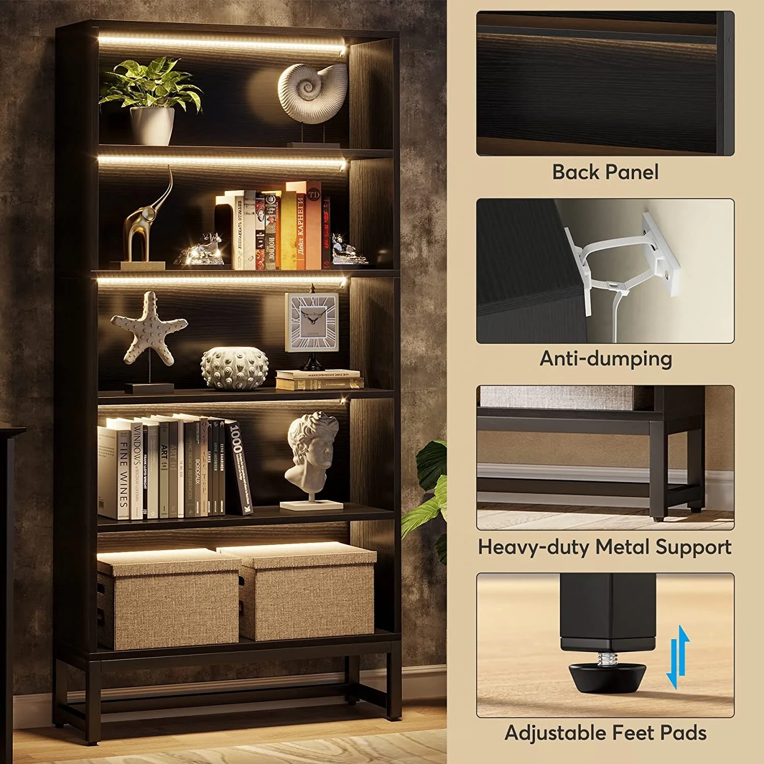 70.87 Inch Tall 5-Tier Bookcase, Large Bookshelf with 31.5 Inch Wide Storage - Image 12