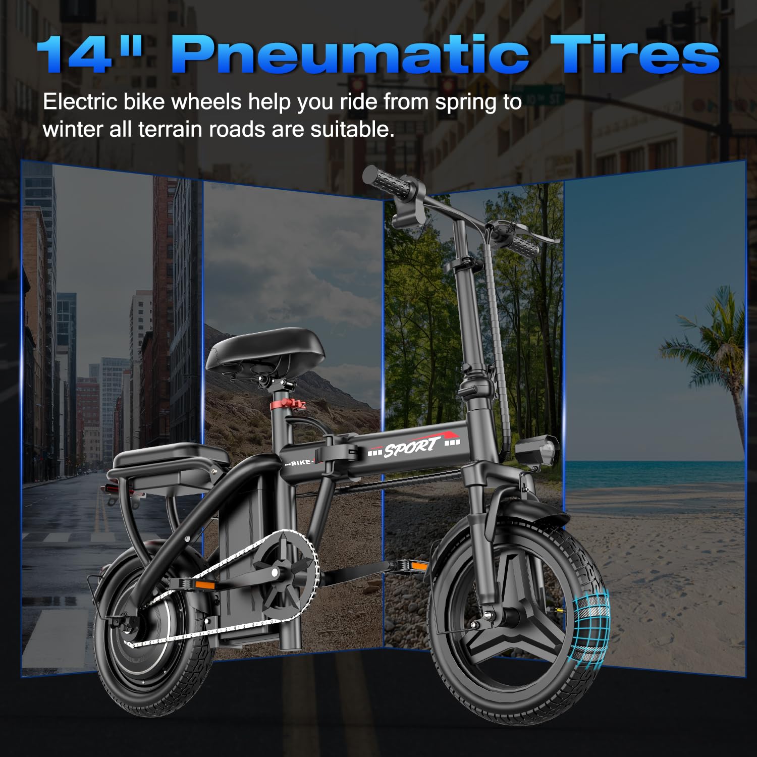 Electric Bike for Adults Teens, 800W/1200W Peak Folding E Bike | 22/25MPH & 30/45 Miles Range, 14" Commuting Ebike with 3-Speed Modes, Portable Electric Mini Bike - Image 6