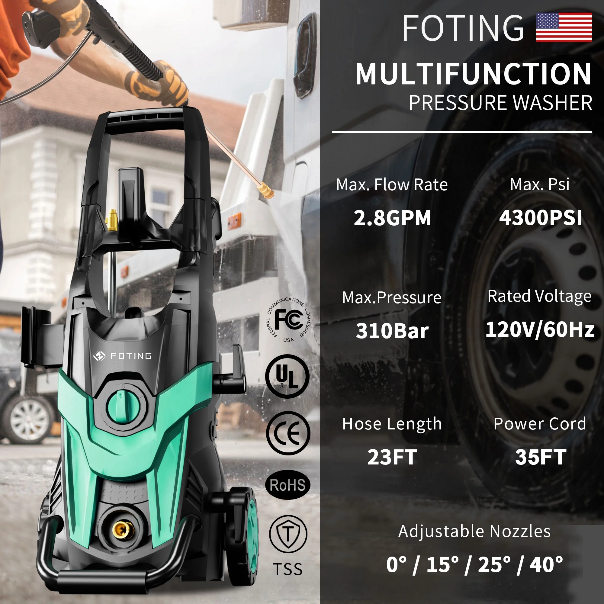 FOTING Electric Pressure Washer, 4500 PSI 3.2 GPM Power Washer with 4 Quick Connect Nozzles, High Pressure Cleaning Machine with Foam Cannon for Cars/Fences/Driveways/Patios/Home Cleaning - Image 10