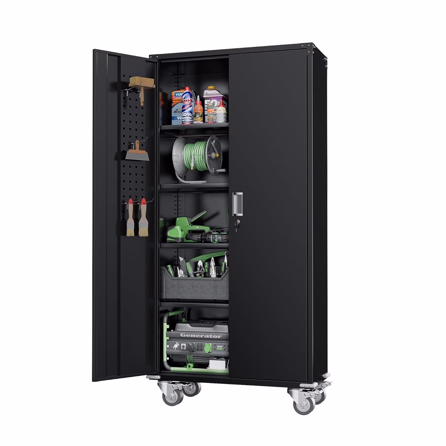SOLAURA Metal Storage Cabinet with Wheels and Pegboard, 72" Black Garage Rolling Cabinet with 4 Adjustable Shelves, Lockable Tool Storage Cabinets for Home Office