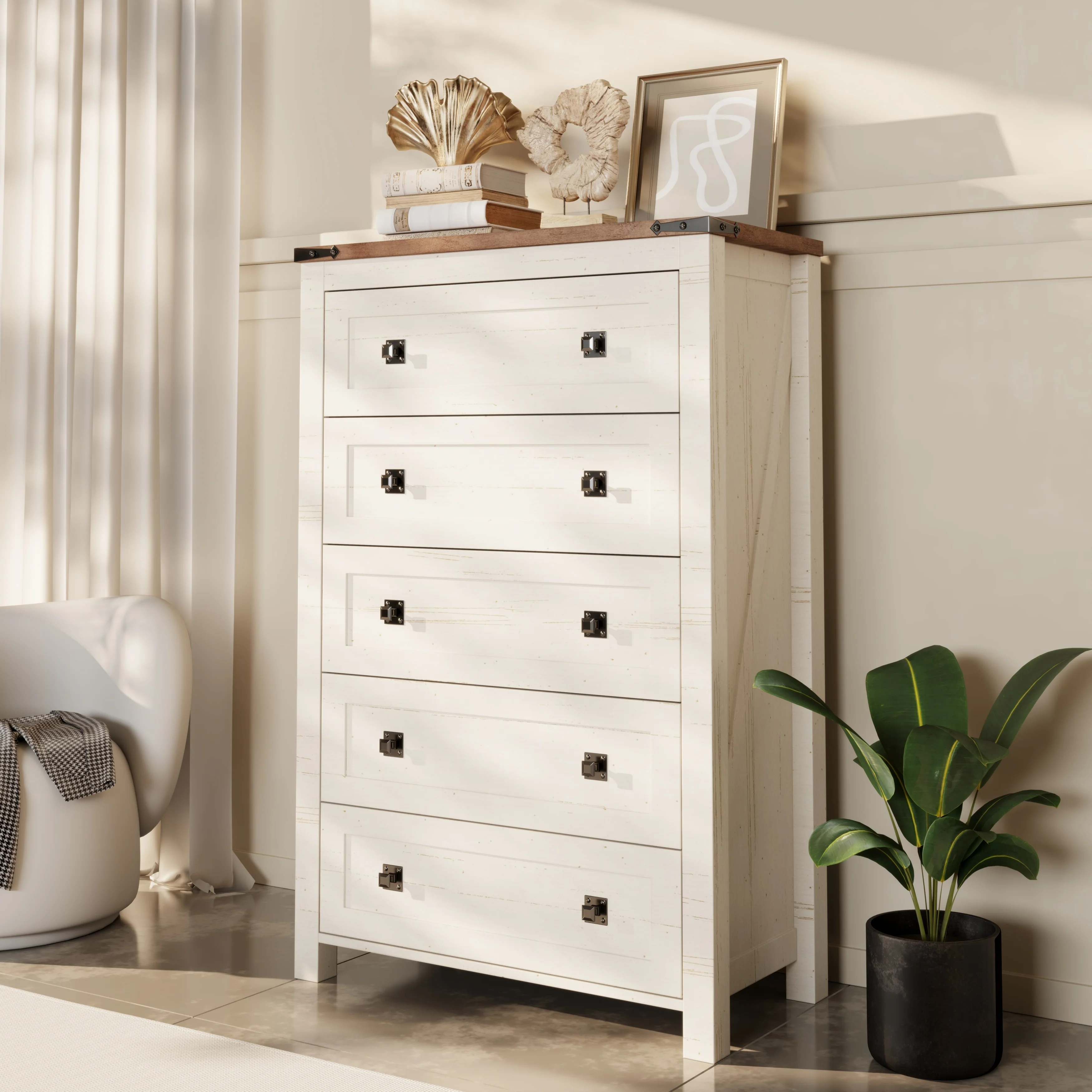 48 Inch Tall Farmhouse Wood Dresser, 5 Drawer Chest of Drawers for Bedroom