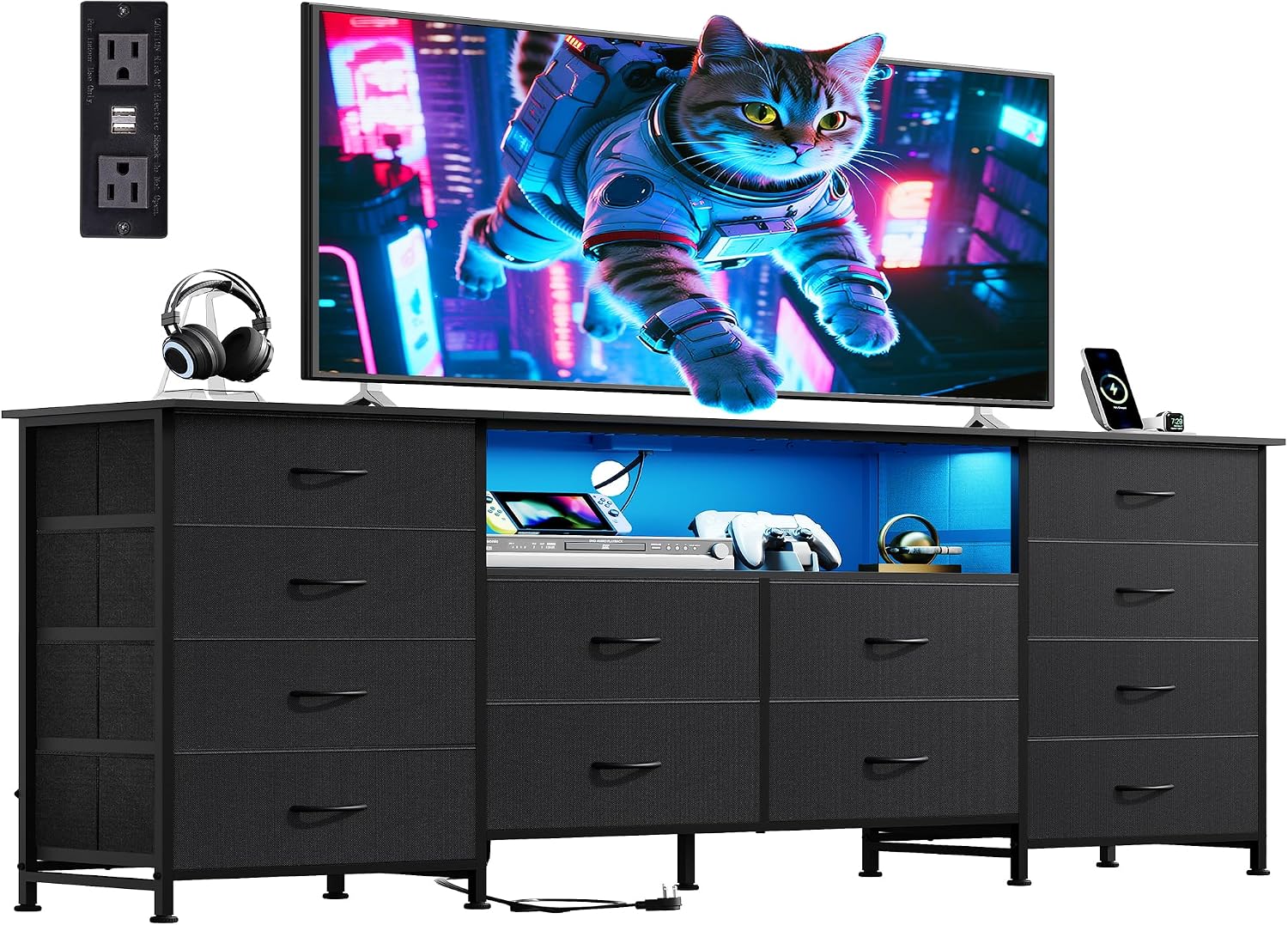 LED Dresser TV Stand for 65 Inch TV, 8 Drawers, Black - Image 8