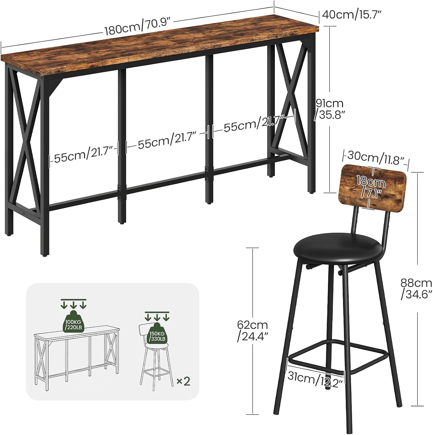 Bar Table and Chairs Set, Counter Height Table and Chairs with X-Shaped Supports, 1 Pub Table and 2 Chairs, for Dining Room, Living Room, Home Bar, Rustic Brown and Black - Image 3
