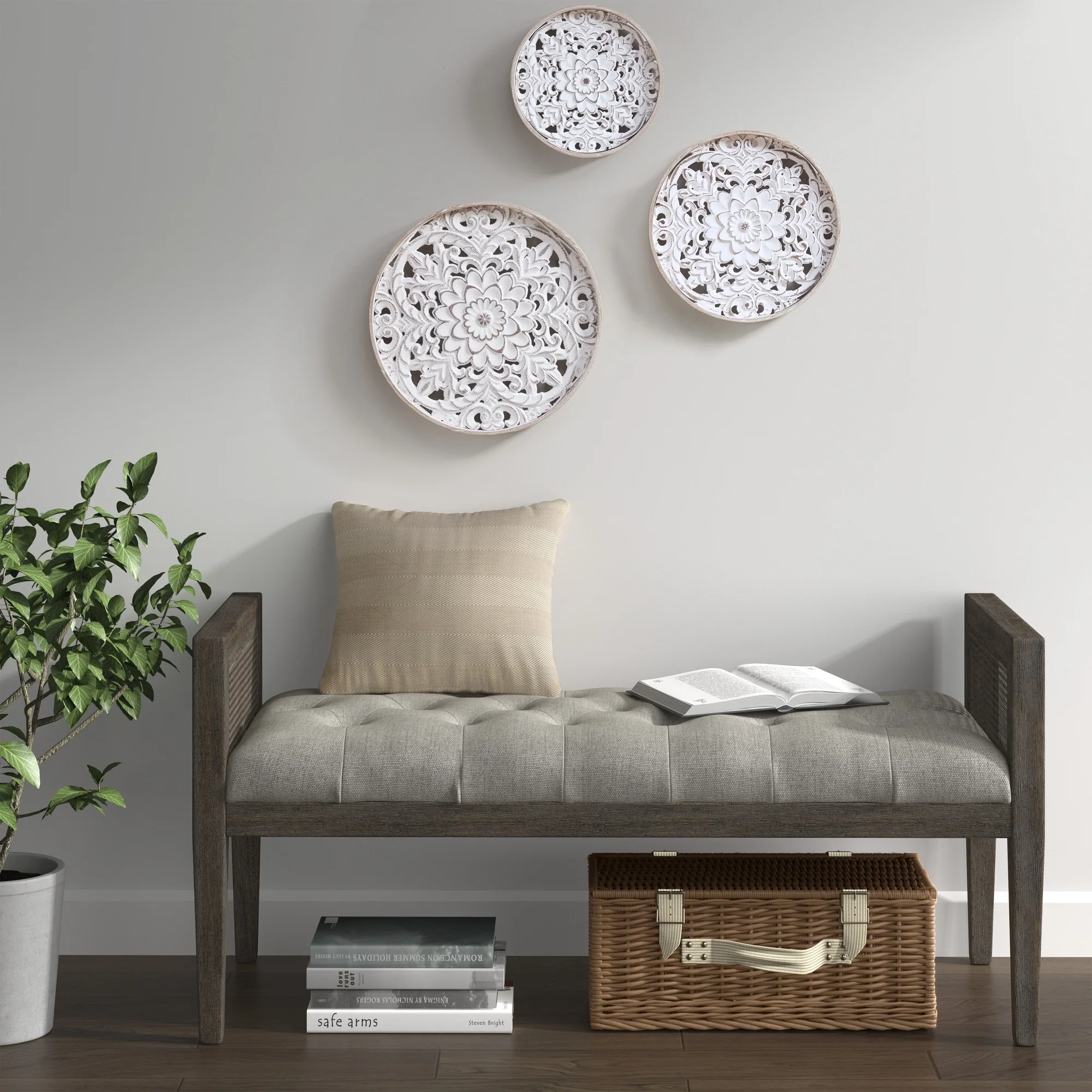 3-Piece Distressed White Floral Carved Wood Wall Decor Set, Vintage Medallion Hanging Art for Home Decoration - Image 2