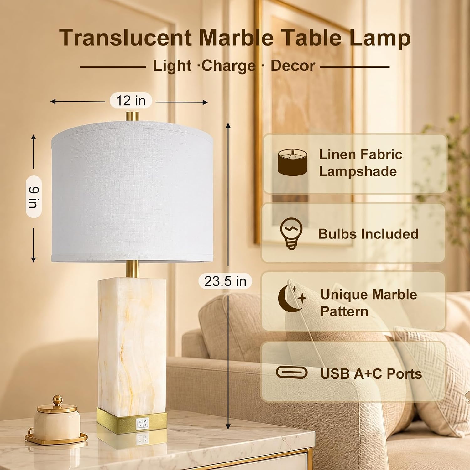 Translucent Marble Table Lamps with Night Light for Living Room - Image 2