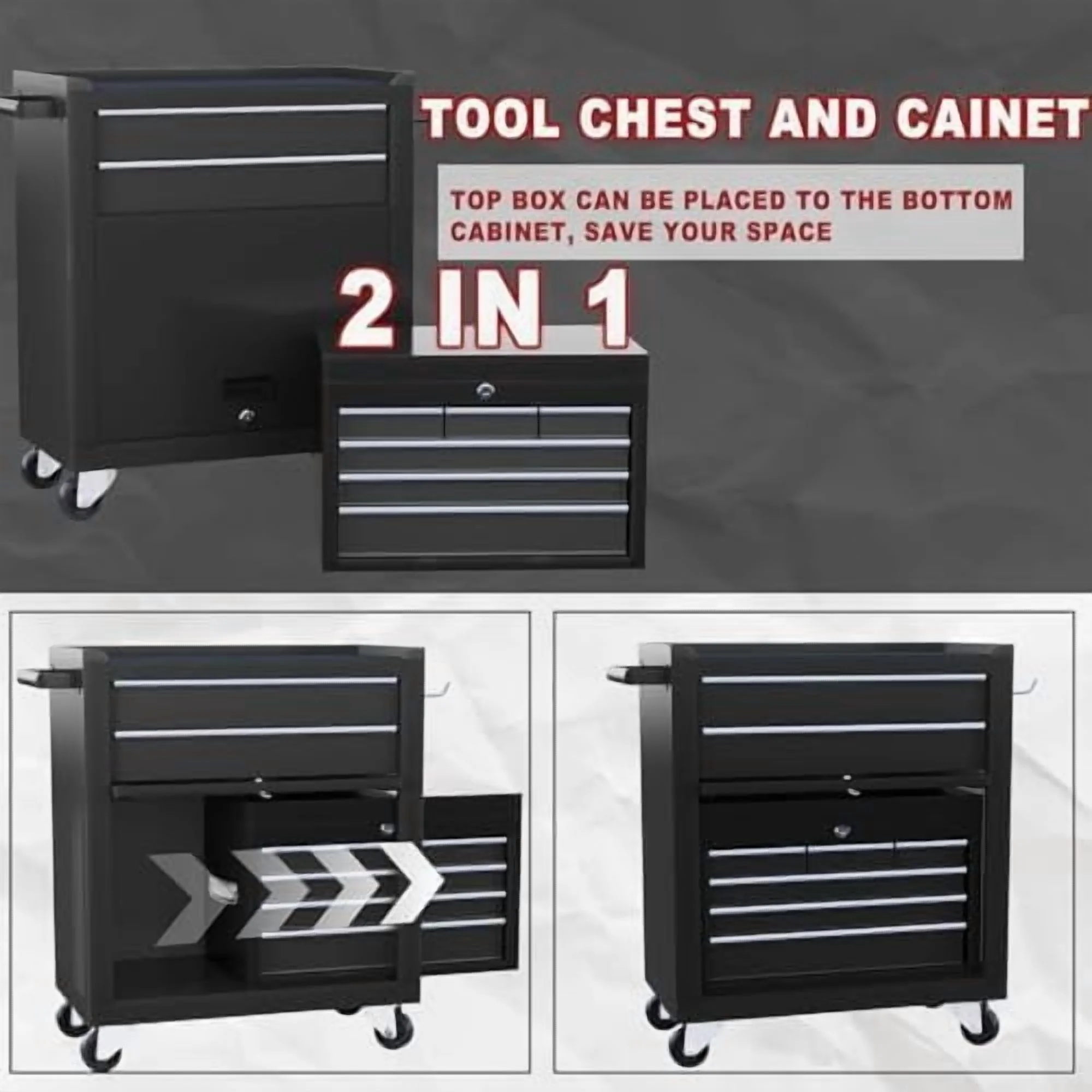 8-Drawer Rolling Tool Chest with Detachable Top Tool Box, Lockable Metal Tool Cabinet, and Liner, Heavy-Duty Storage Organizer with Wheels and 6 Hooks for Garage, Workshop, Green - Image 15