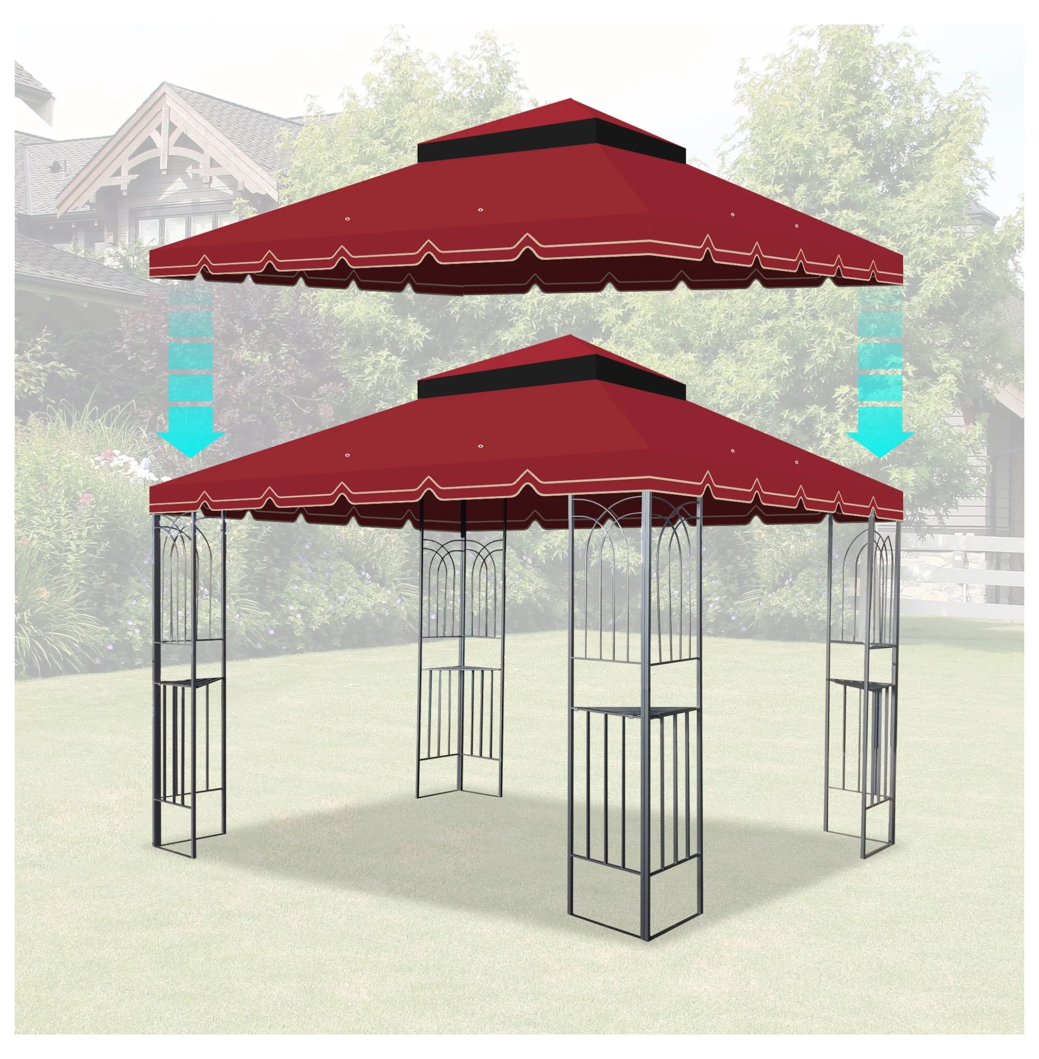 10x10 Ft Outdoor Patio Gazebo Replacement Canopy,Double Tiered Gazebo Tent Roof Top Cover Only GreatWall border(Frame Not Include)-Red - Image 4