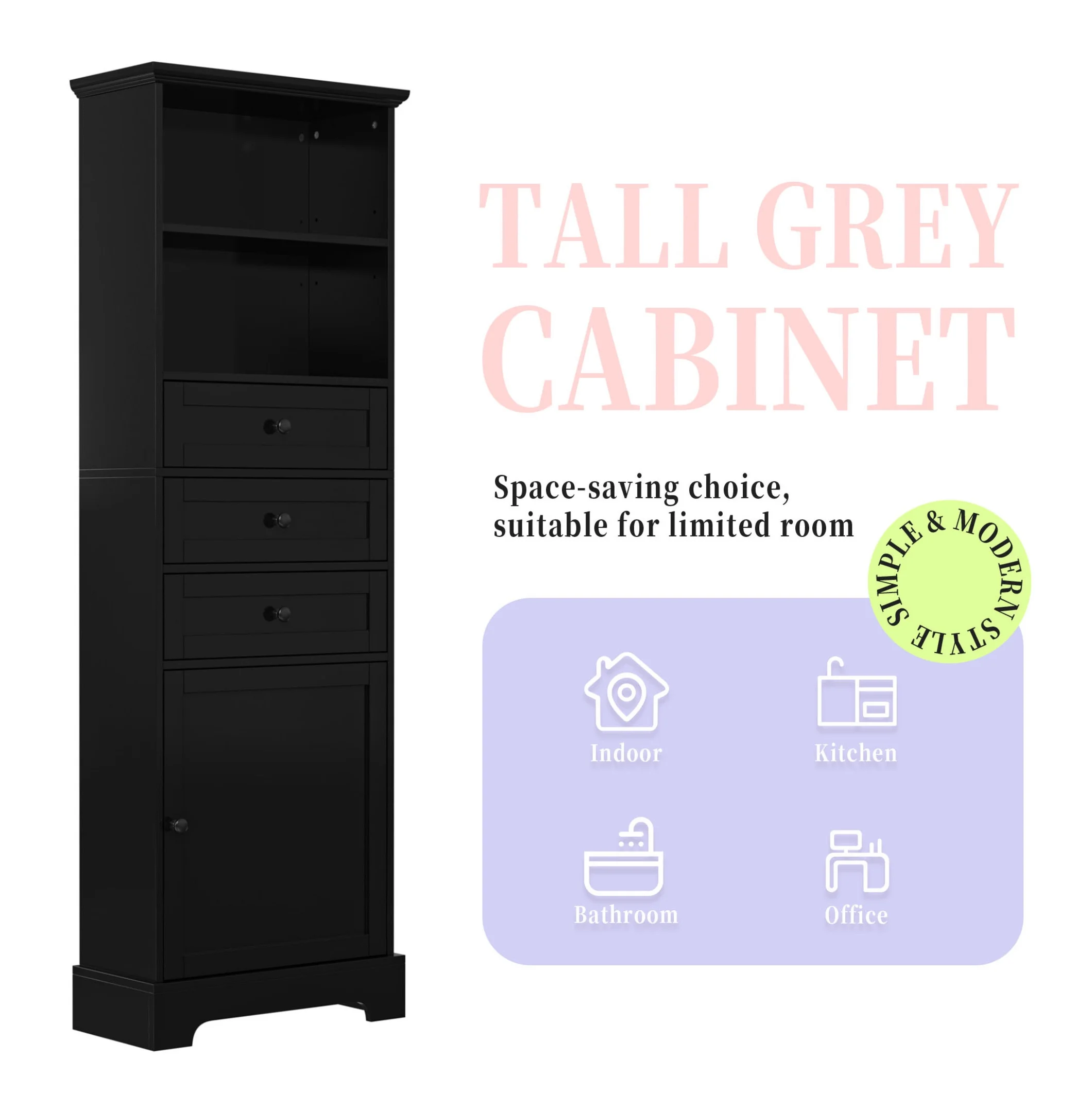 Black Tall Storage Cabinet with 3 Drawers and Adjustable Shelves for Bathroom, Study, Office and Interior, MDF Board with Painted Finish Black + MDF - Image 9