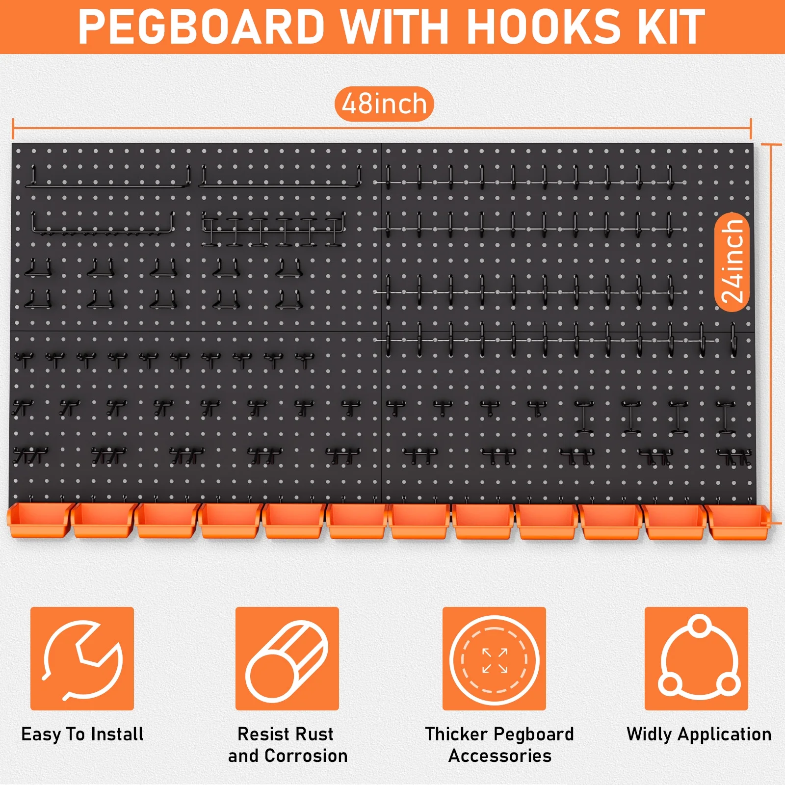 INCLY 48x24 Inch Metal Peg Board Kit with 1/4" Pegboard Hooks Accessories, 160PCS Black Pegboard Wall Organizer Pegboard Panels Tool Organizer Storage System for Garage Workbench Shed - Image 6