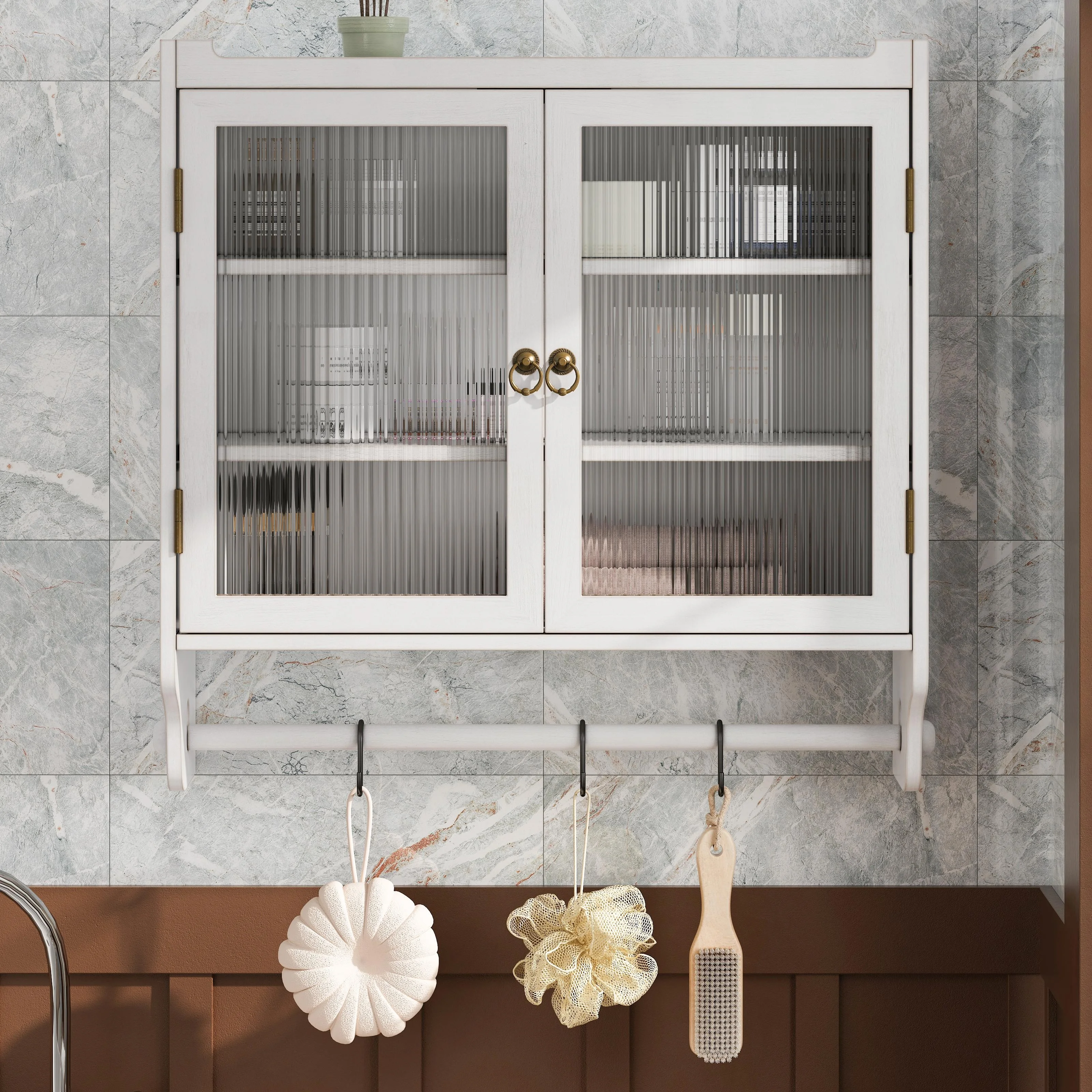 GZXS Solid Wood Wall Cabinet with 2 Tempered Glass Doors, 3-Tier Storage Organizer for Bathroom, Entryway, Kitchen, Dining Room, 24.8"L x 7.08"W x 23.62"H, White Washed - Image 2
