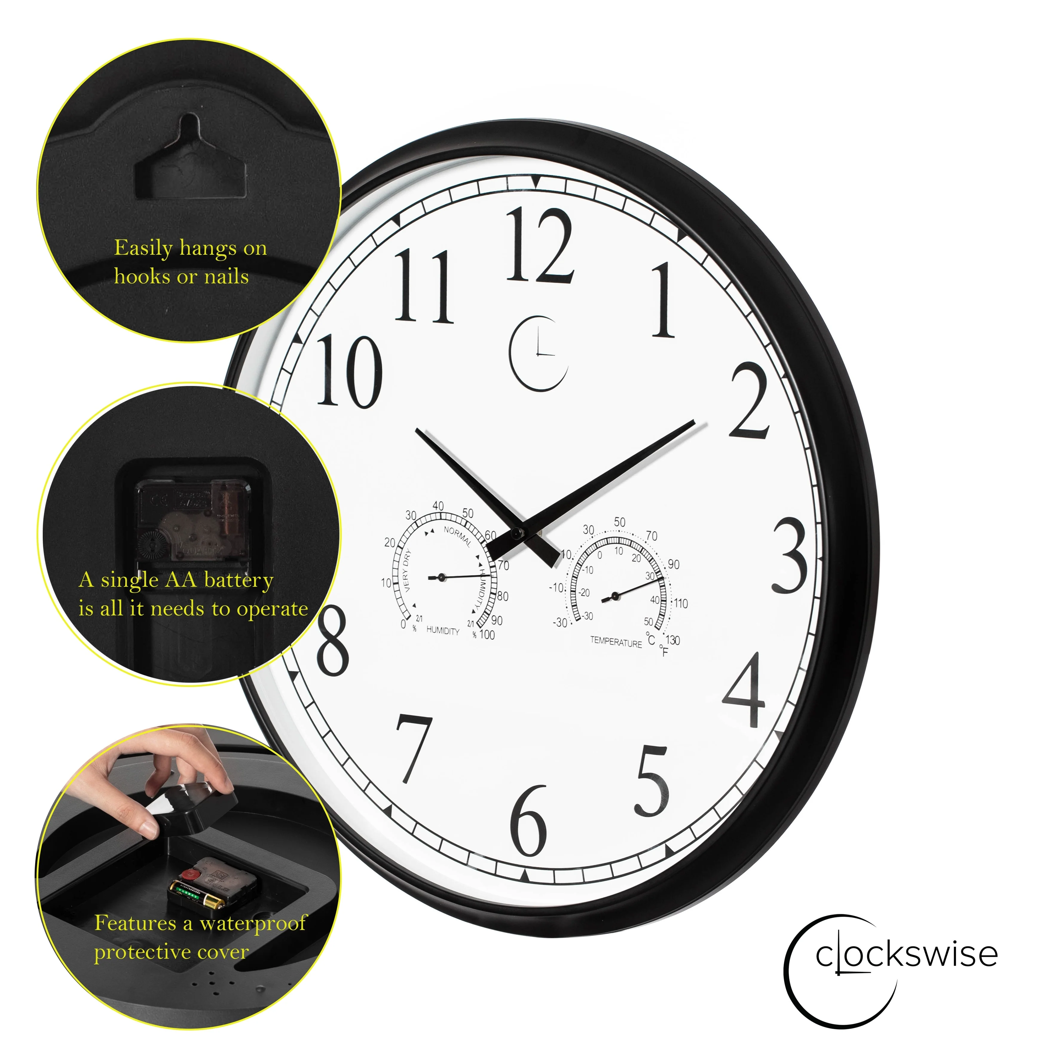 Large Outdoor Wall Clock with Thermometer, Waterproof Silent Garden Weather Station, Black - Image 19