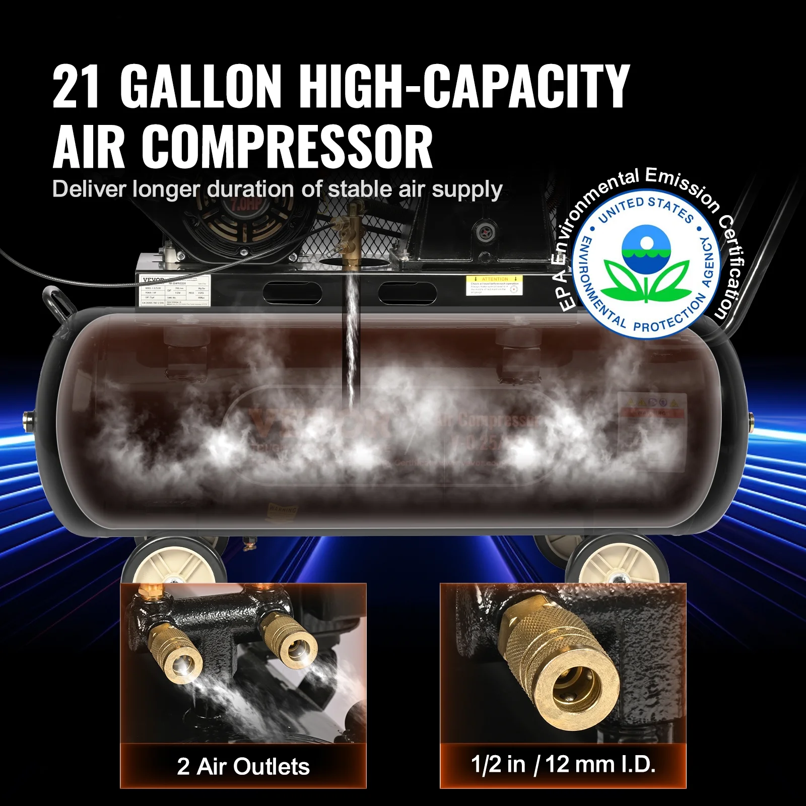 VEVOR 7HP Gas Powered Air Compressor, 21 Gallon Horizontal Air Compressor Tank, 9CFM@115PSI Gas Driven Piston Pump Air Compressed System with 115PSI Max Pressure for Construction Sites Workshop - Image 3