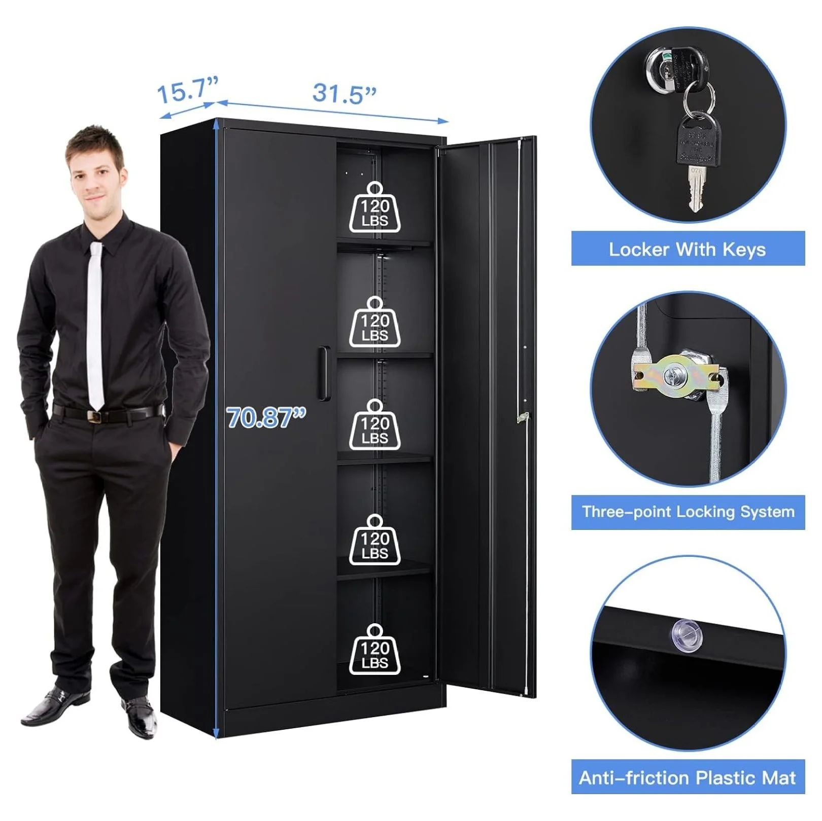 TiaGOC Metal Garage Storage Cabinet with 2 Doors and 5 Adjustable Shelves - 71" Steel Lockable File Cabinet,Locking Tool Cabinets for Office,Home,Garage,Gym,School (Black) - Image 8