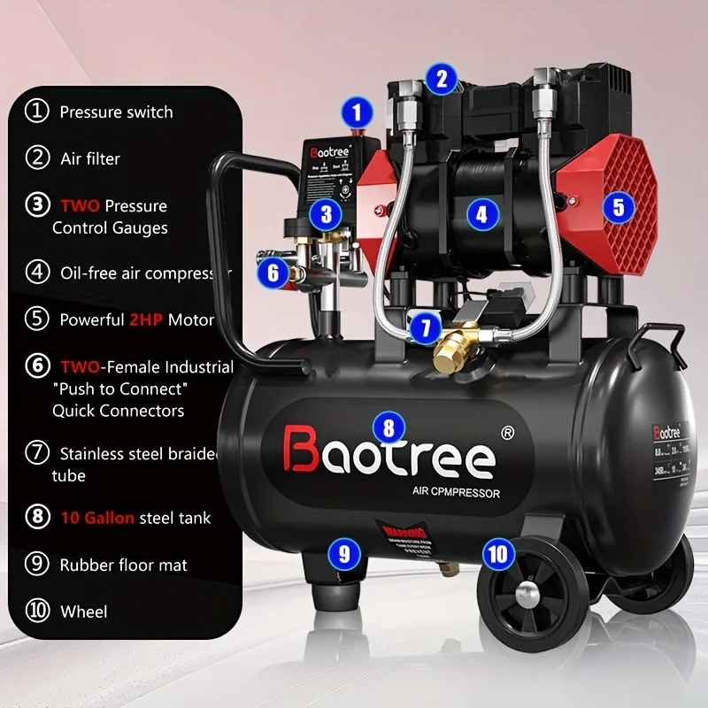 Datingday Ultra Quiet Air 8 Gallon 1.6HP Compressor with Two Quick Couplers & Wheels,Fast 60-Second Inflation & Auto Safety Features ,Max 115 PSI Oil-Free Air Compressor Tank for Home/Commercial Use - Image 13