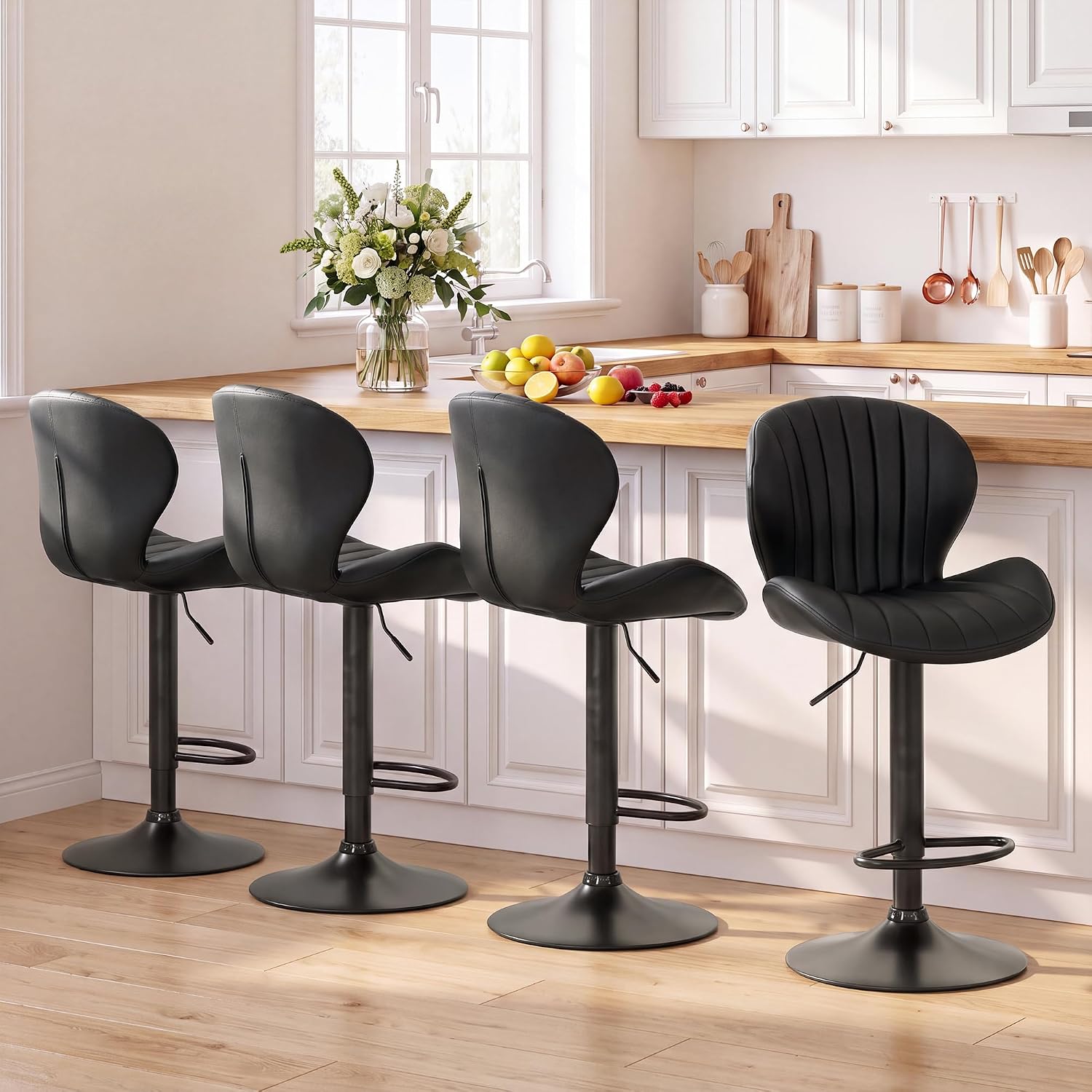 Bar Stools Set of 6, Modern Swivel Bar Chairs, Adjustable Faux Leather Upholstered Barstools Counter Height with High Backrest for Bar, Kitchen Island, Dining Room, Black - Image 7