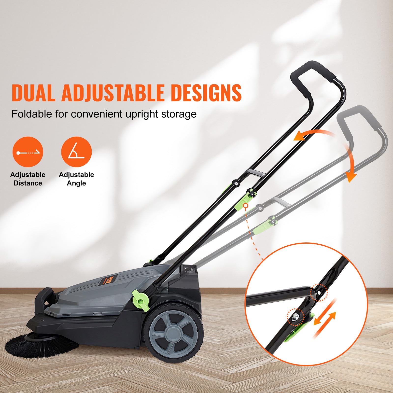 Walk-Behind Hand Push Floor Sweeper, 5-Gallon Waste Container, Manual Outdoor Sweeping Machine - Image 6